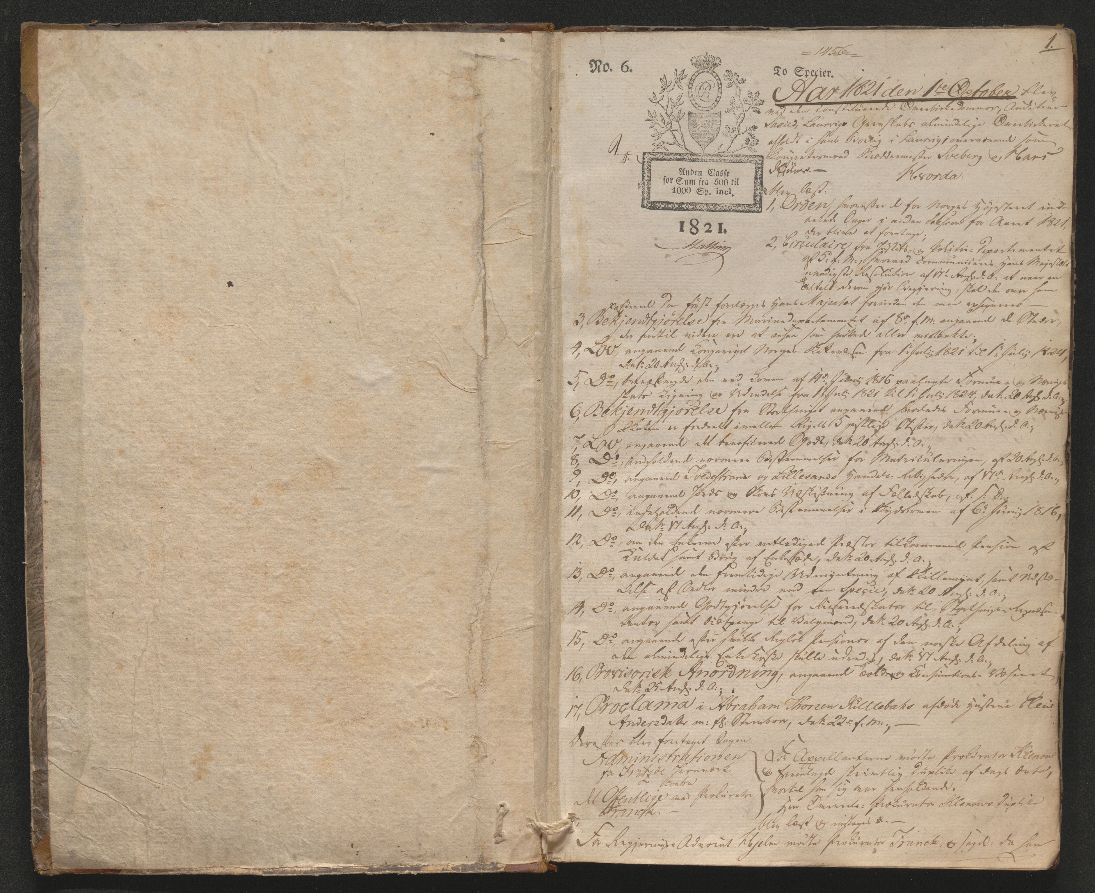 Larvik overbirkerett, AV/SAKO-A-802/F/Fa/L0010: Tingbok, 1821-1826, p. 1
