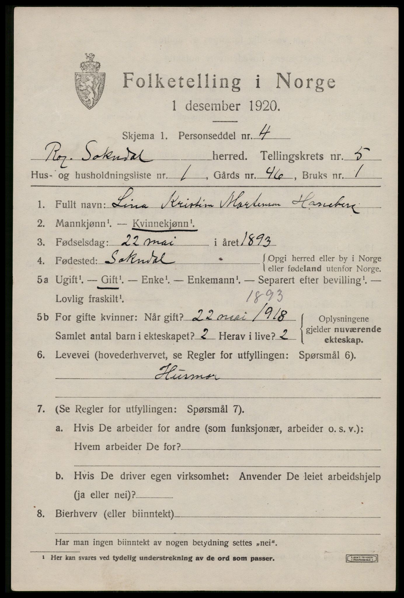 SAST, 1920 census for Sokndal, 1920, p. 3249