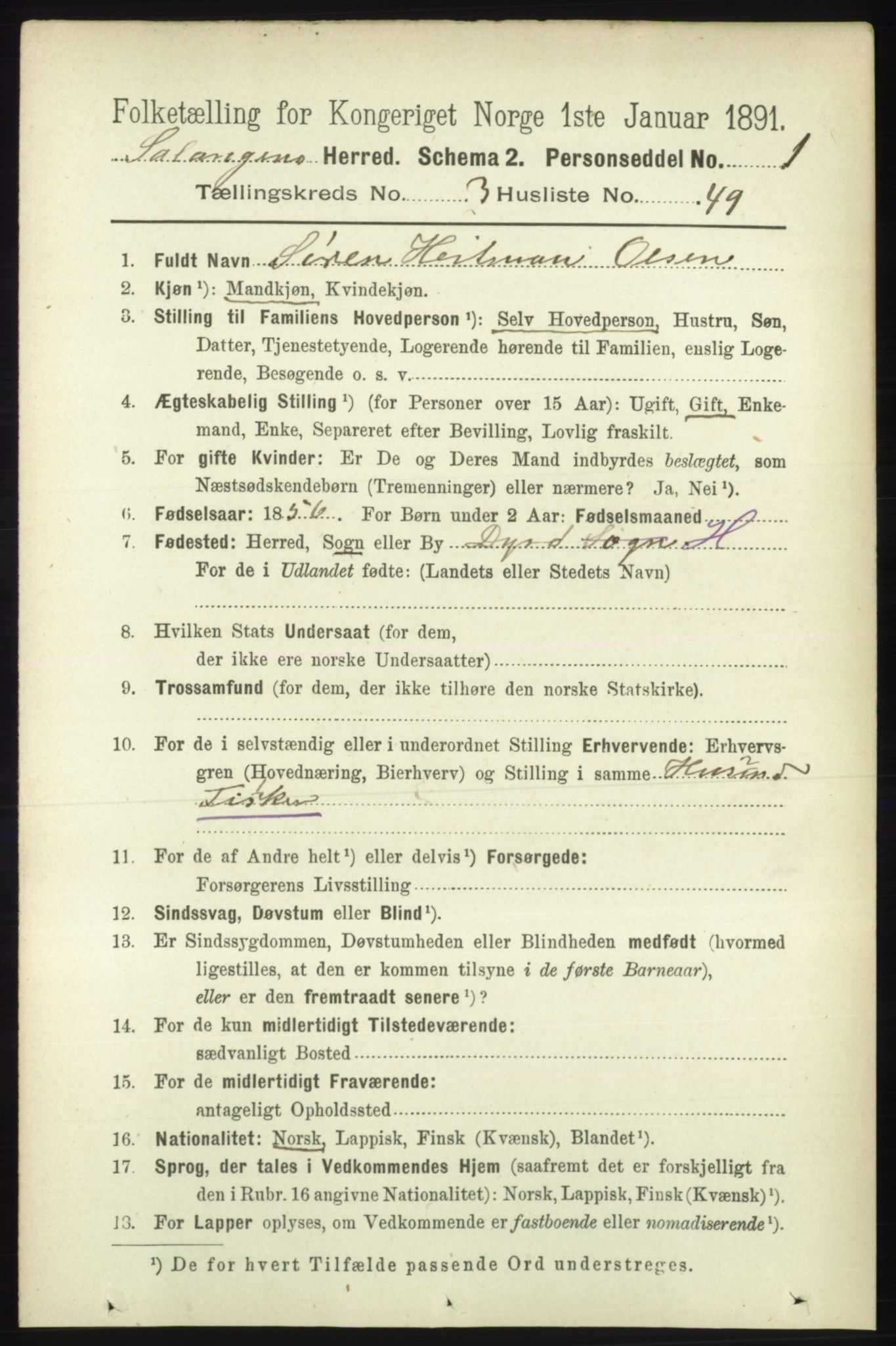 RA, 1891 census for 1921 Salangen, 1891, p. 1503