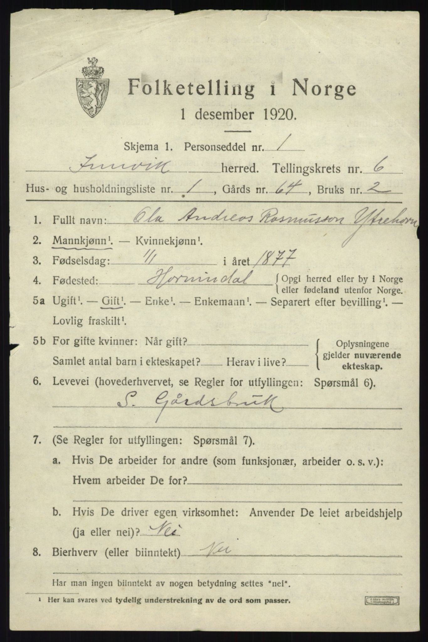 SAB, 1920 census for Innvik, 1920, p. 3011