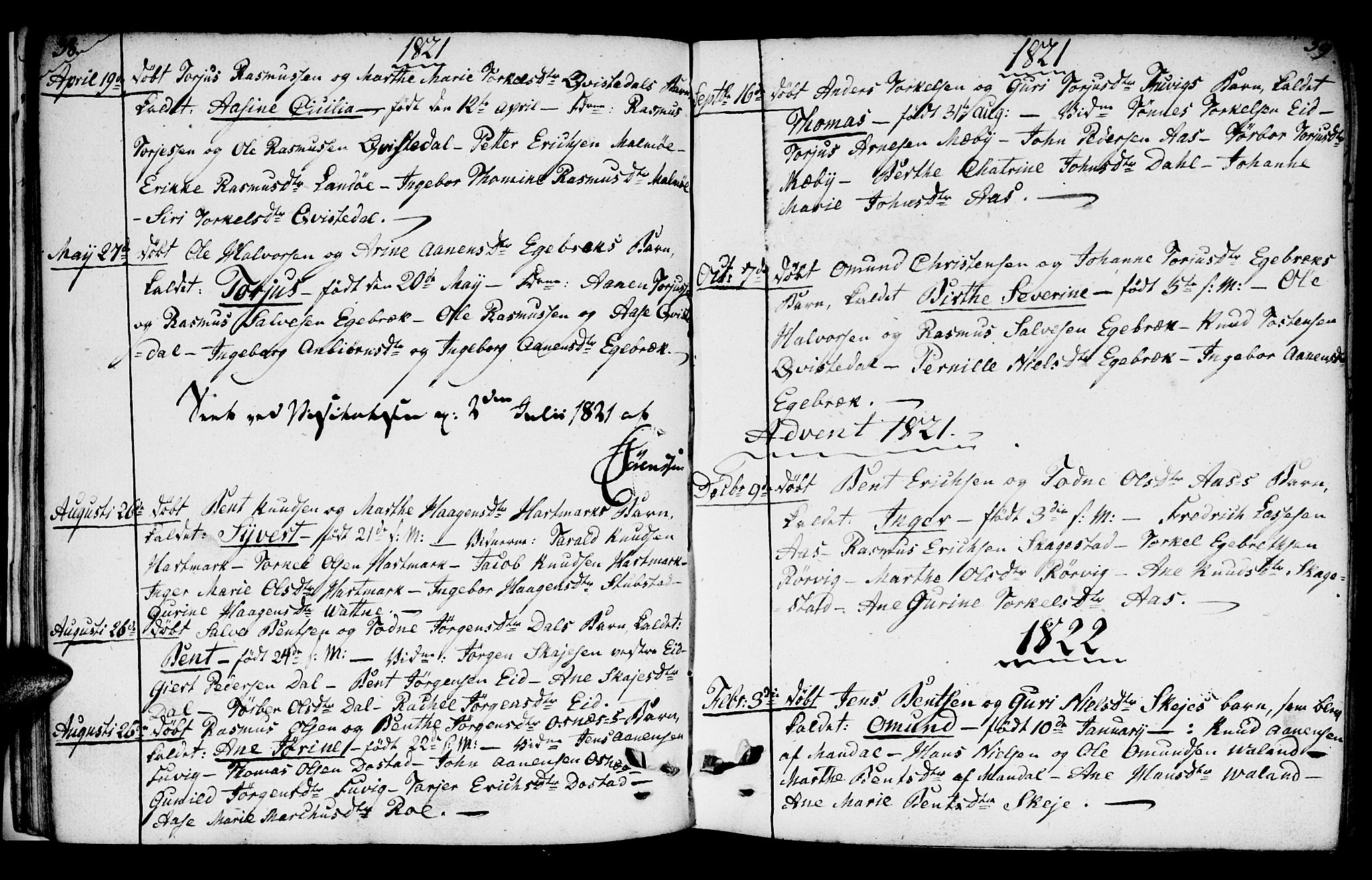 Mandal sokneprestkontor, SAK/1111-0030/F/Fb/Fbb/L0001: Parish register (copy) no. B 1, 1802-1846, p. 38-39