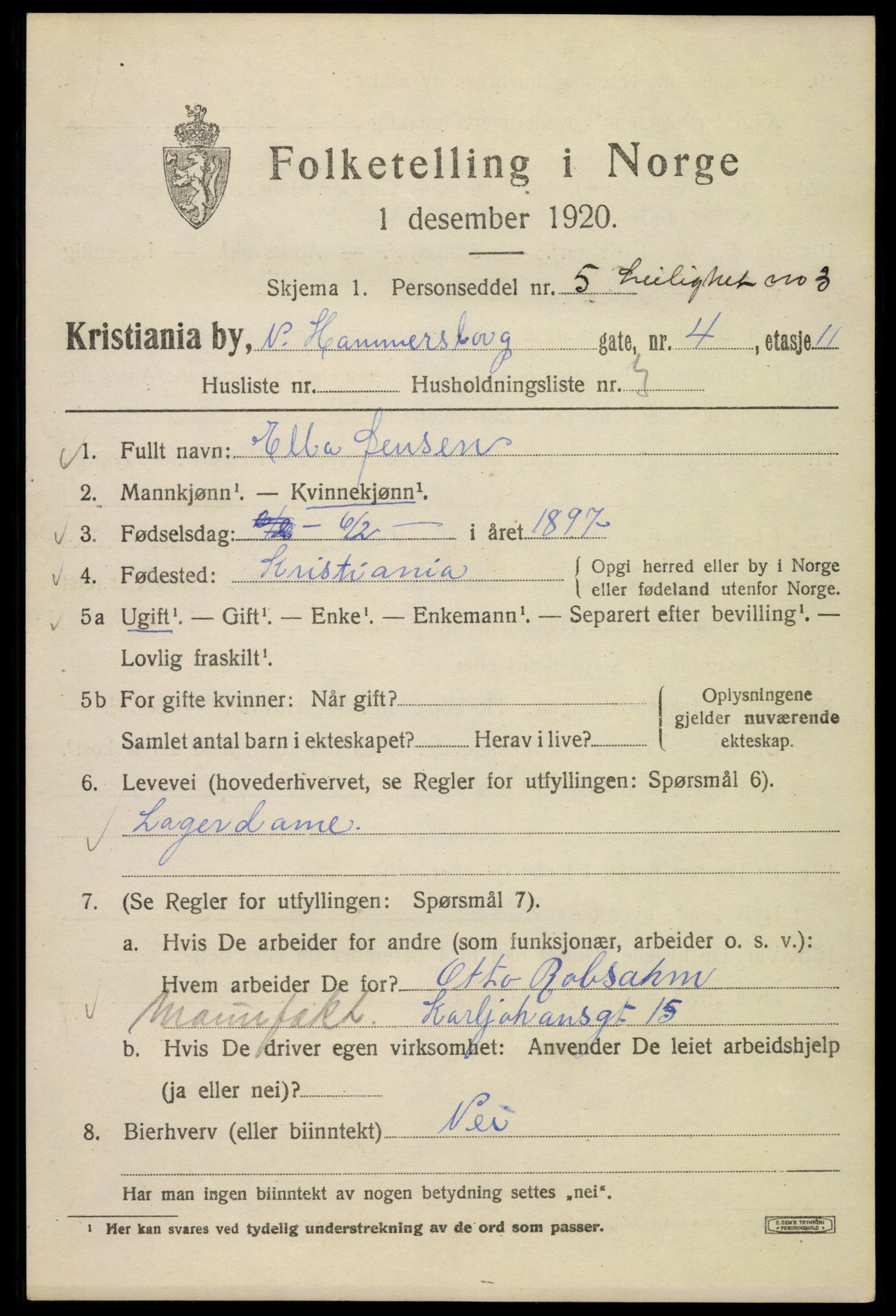 SAO, 1920 census for Kristiania, 1920, p. 409667