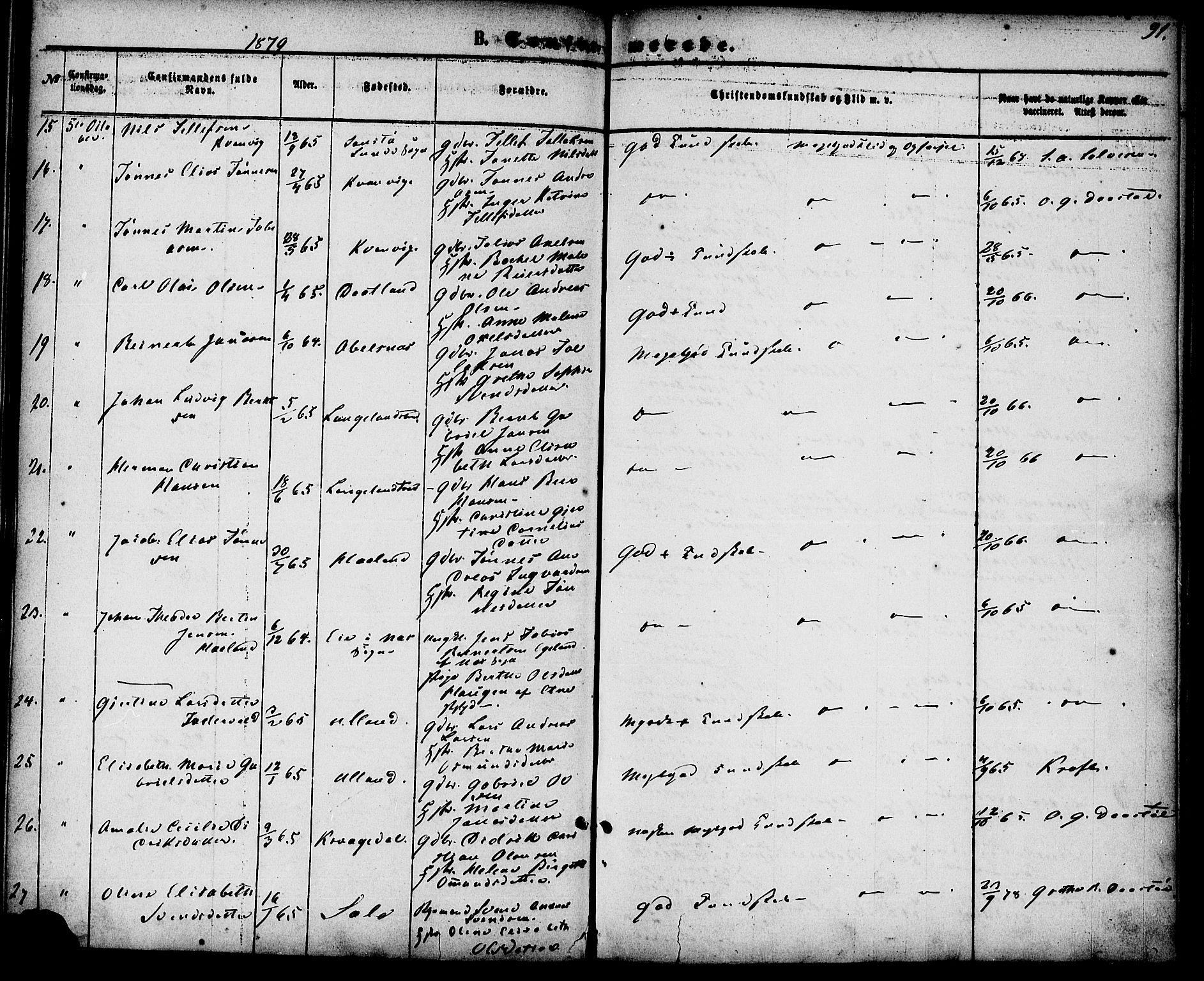 Flekkefjord sokneprestkontor, AV/SAK-1111-0012/F/Fa/Fab/L0005: Parish register (official) no. A 5, 1870-1886, p. 91