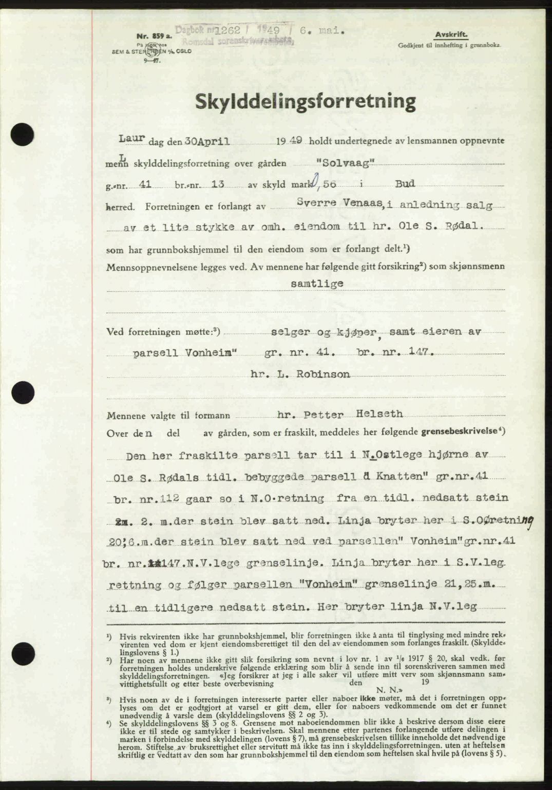 Romsdal sorenskriveri, SAT/A-4149/1/2/2C: Mortgage book no. A29, 1949-1949, Diary no: : 1262/1949