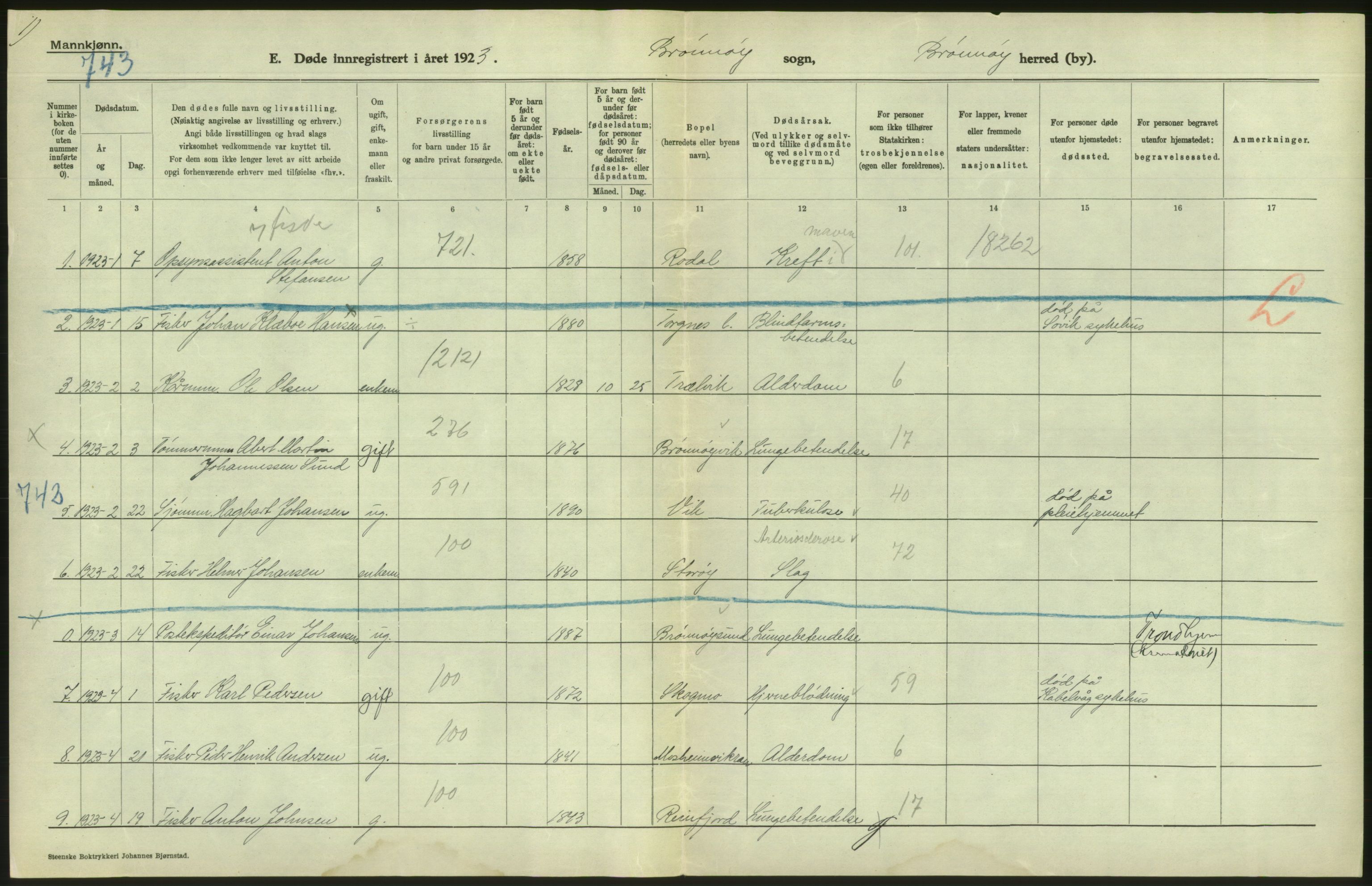 Statistisk sentralbyrå, Sosiodemografiske emner, Befolkning, AV/RA-S-2228/D/Df/Dfc/Dfcc/L0043: Nordland fylke: Døde. Bygder og byer., 1923, p. 246
