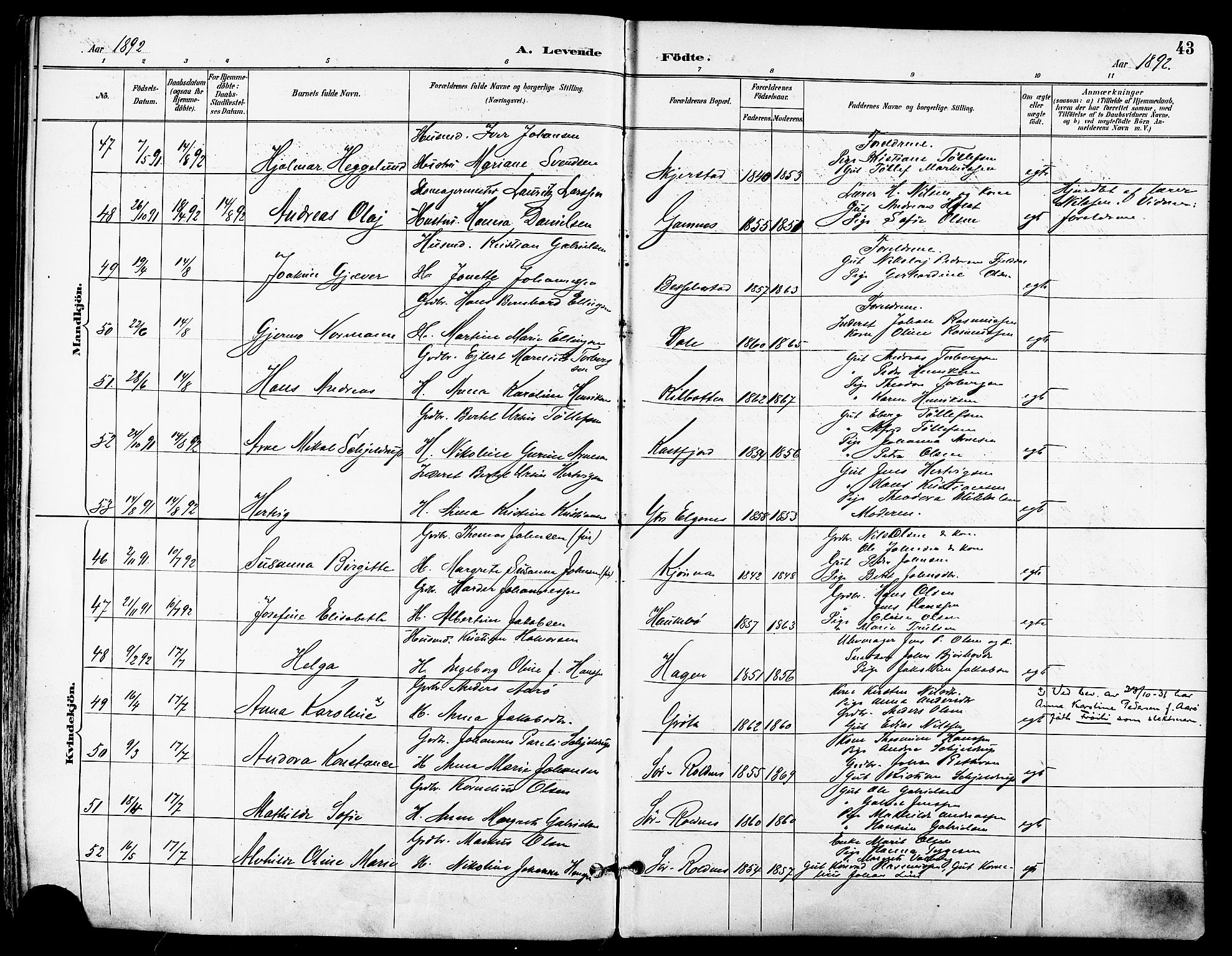 Trondenes sokneprestkontor, SATØ/S-1319/H/Ha/L0016kirke: Parish register (official) no. 16, 1890-1898, p. 43