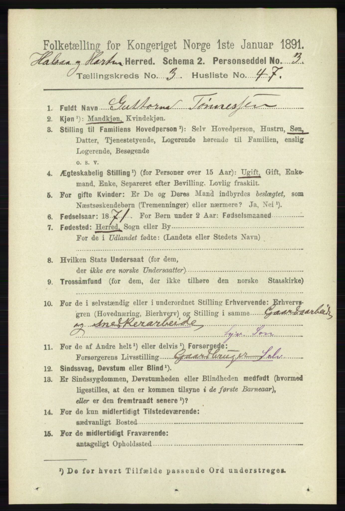 RA, 1891 census for 1019 Halse og Harkmark, 1891, p. 1221