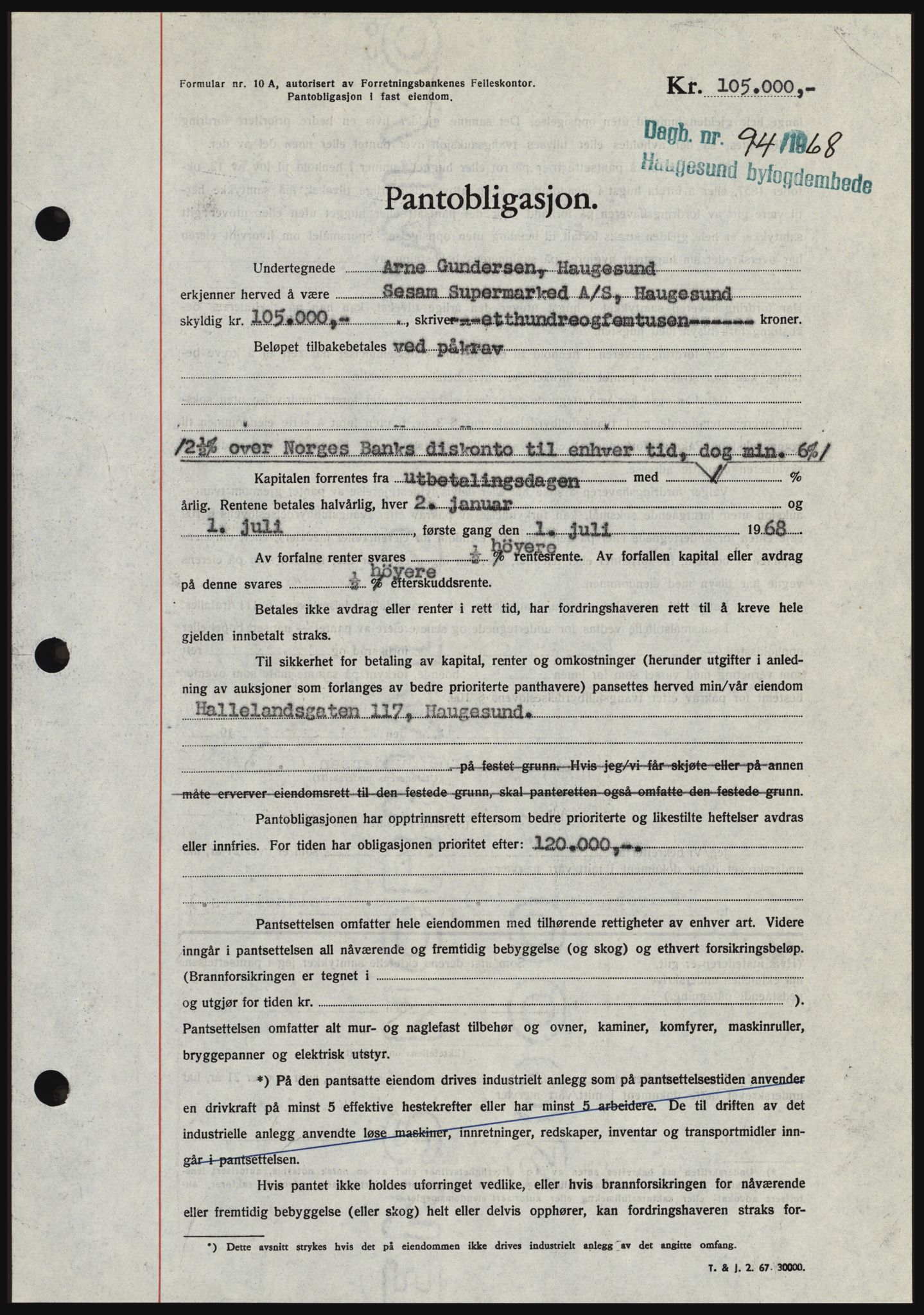 Haugesund tingrett, SAST/A-101415/01/II/IIC/L0058: Mortgage book no. B 58, 1967-1968, Diary no: : 94/1968