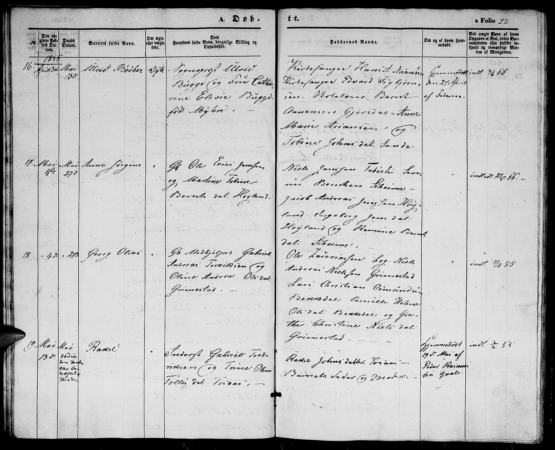 Herad sokneprestkontor, AV/SAK-1111-0018/F/Fb/Fba/L0002: Parish register (copy) no. B 2, 1852-1862, p. 22