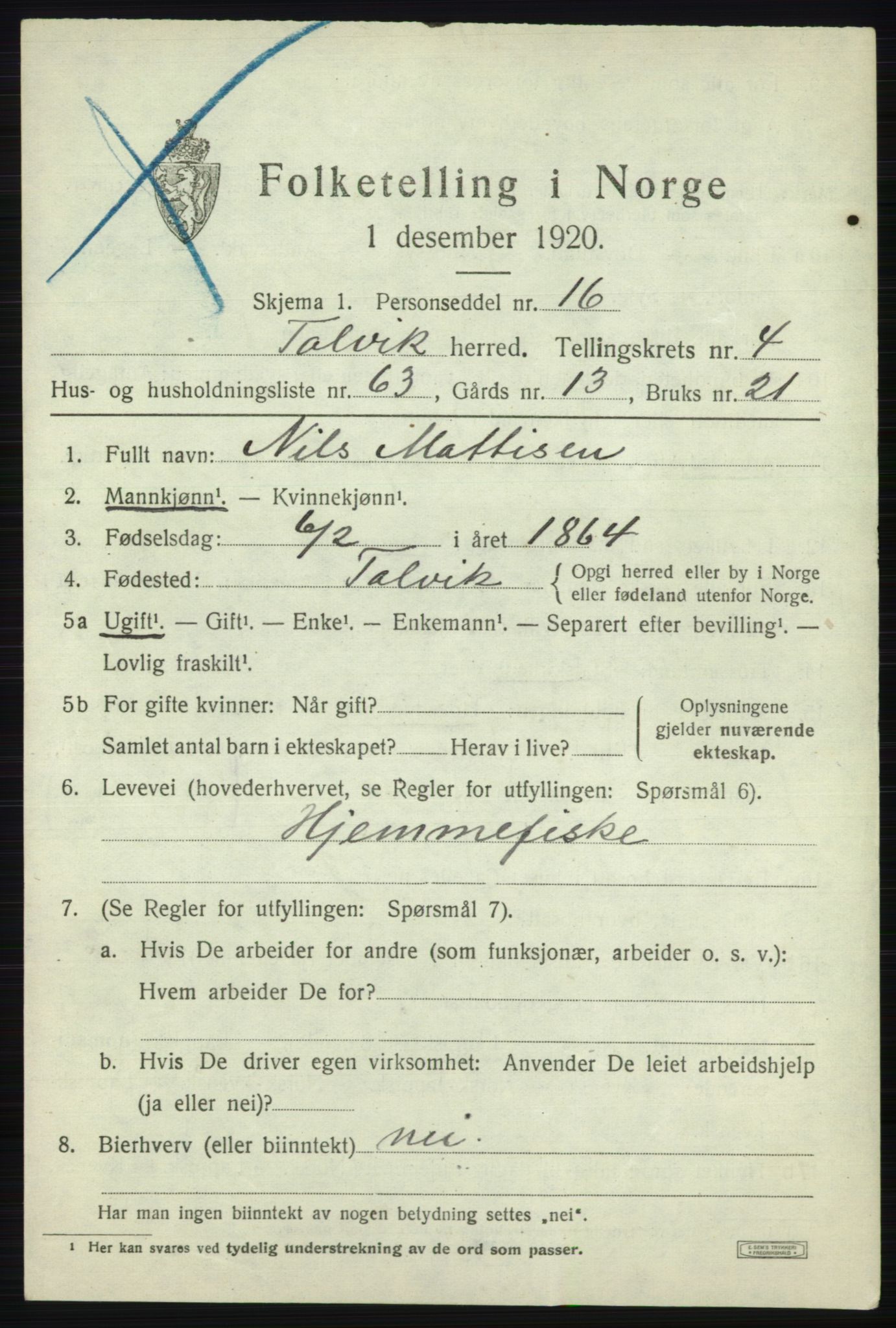 SATØ, 1920 census for Talvik, 1920, p. 3346