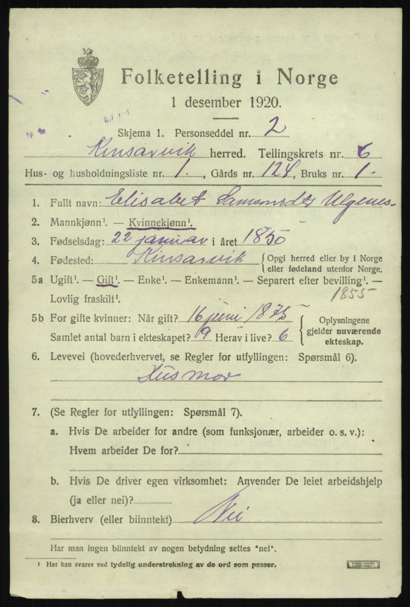 SAB, 1920 census for Kinsarvik, 1920, p. 2872