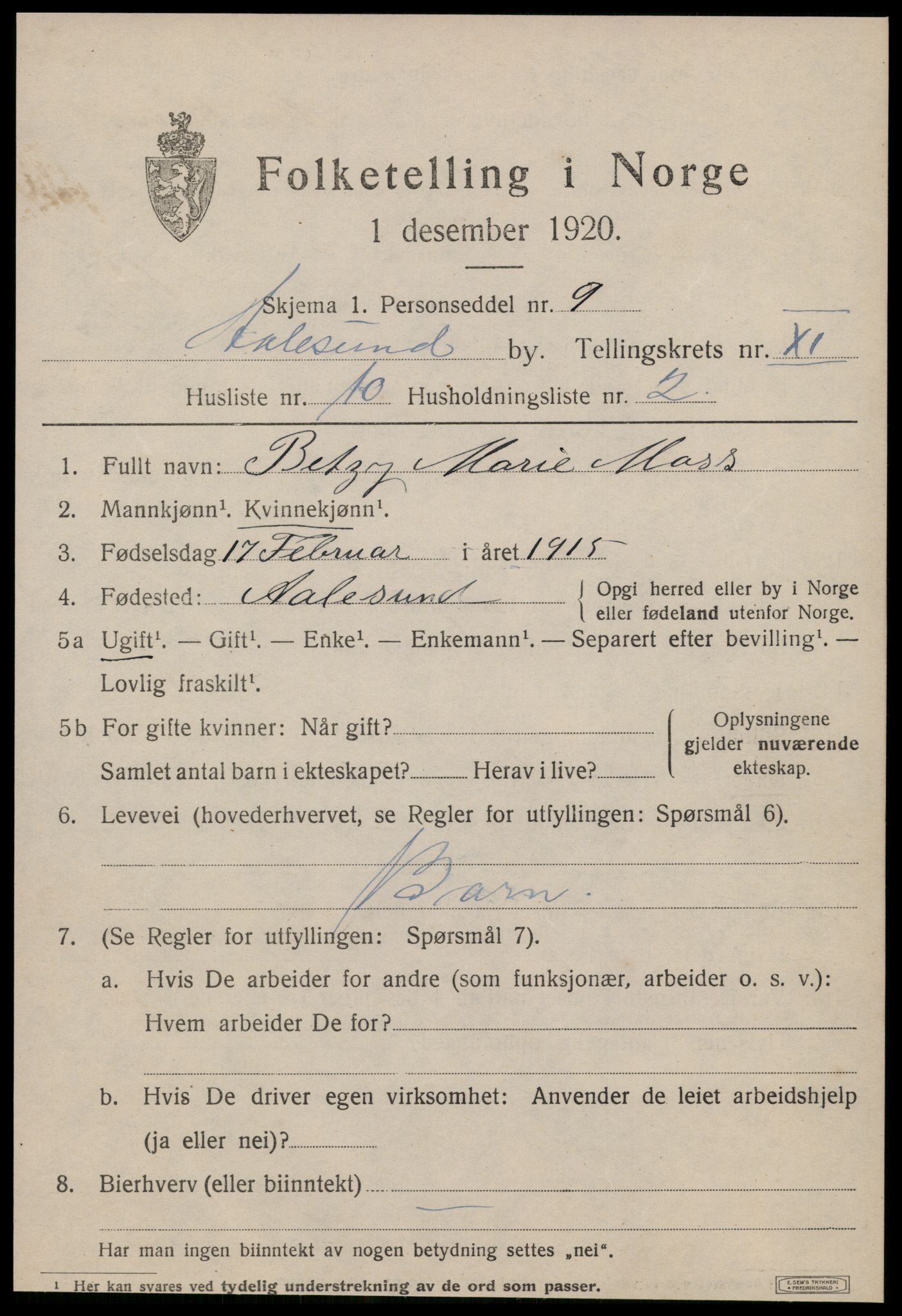 SAT, 1920 census for Ålesund, 1920, p. 24914