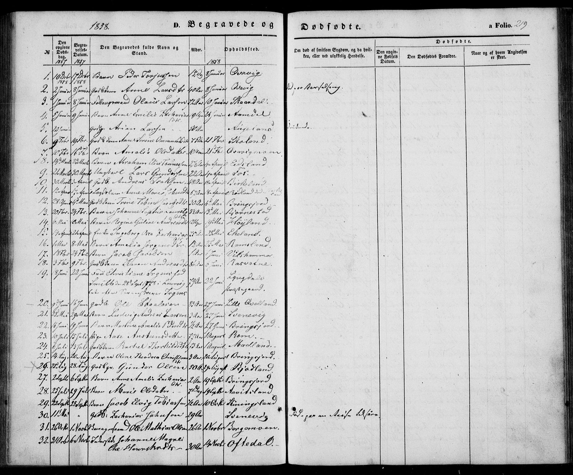 Lyngdal sokneprestkontor, SAK/1111-0029/F/Fa/Fac/L0009: Parish register (official) no. A 9, 1852-1864, p. 219