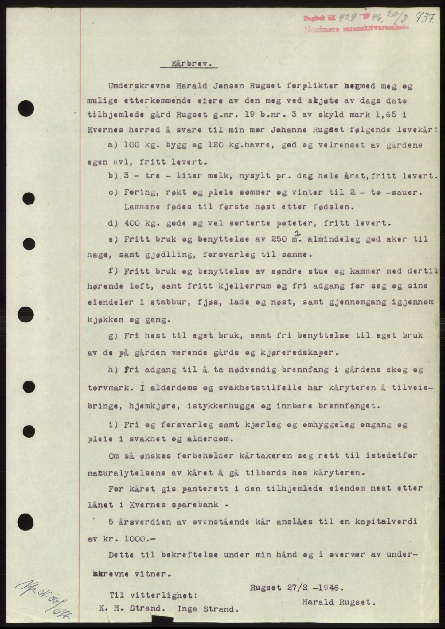 Nordmøre sorenskriveri, AV/SAT-A-4132/1/2/2Ca: Mortgage book no. B93b, 1946-1946, Diary no: : 429/1946