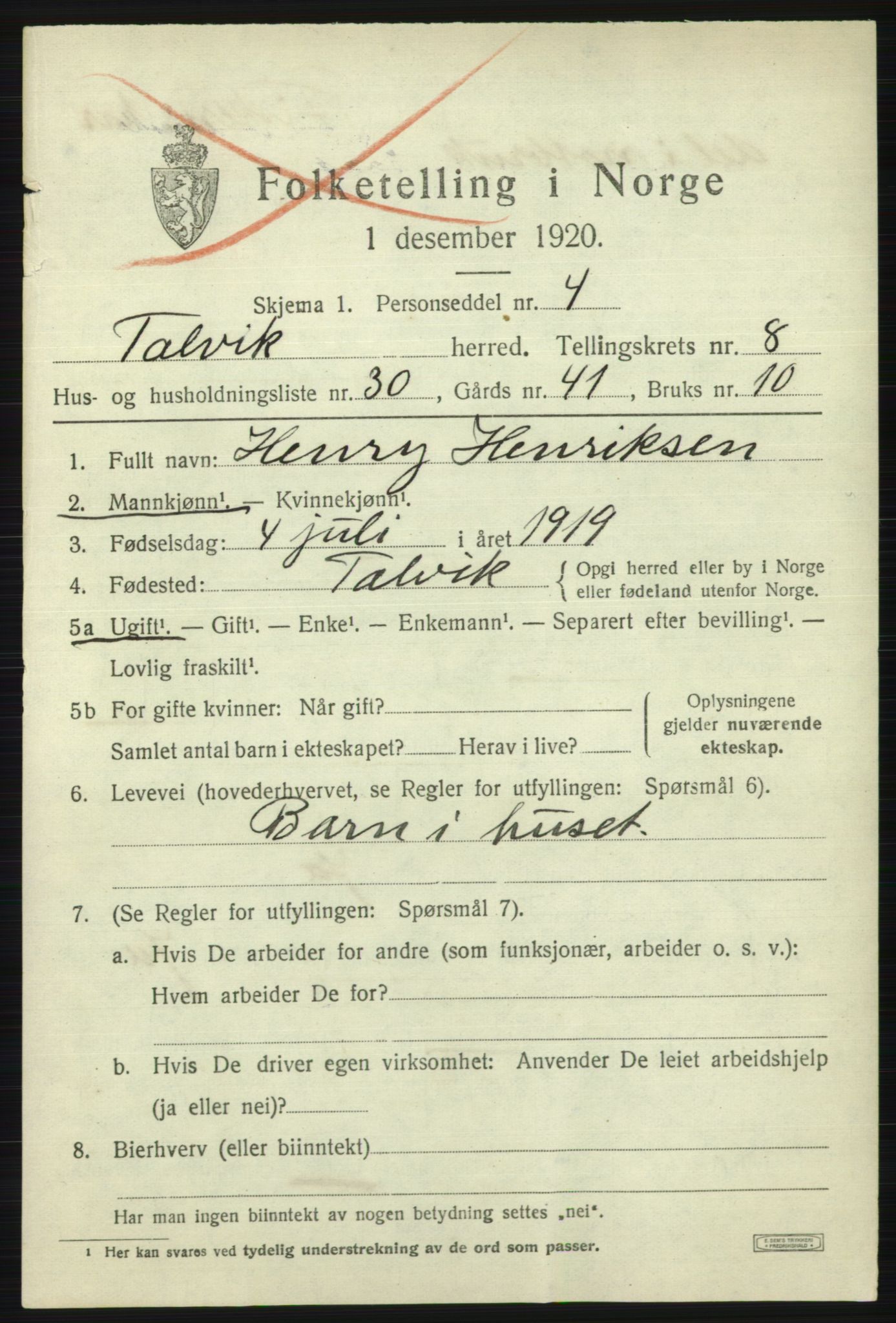 SATØ, 1920 census for Talvik, 1920, p. 5308
