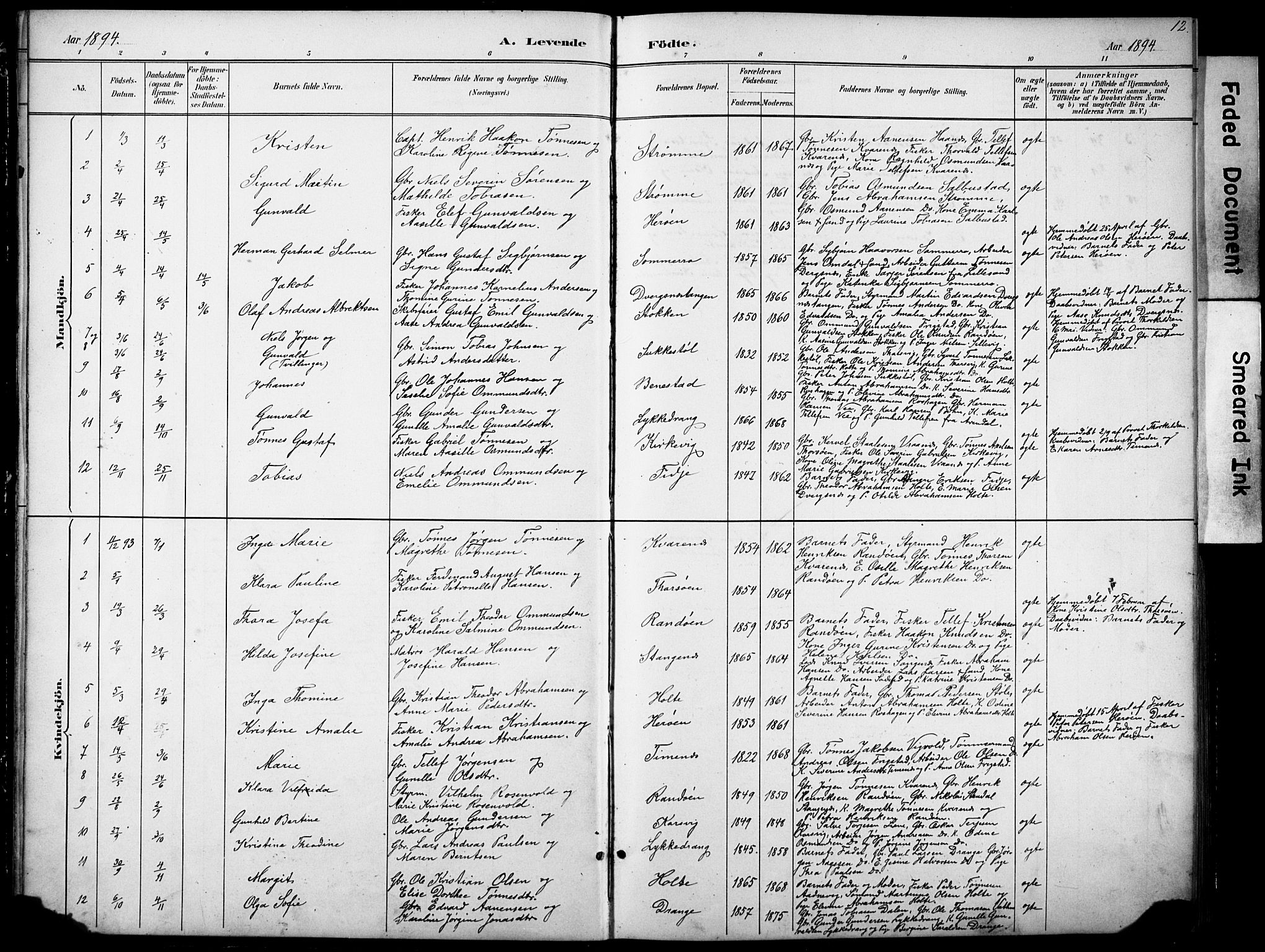 Oddernes sokneprestkontor, SAK/1111-0033/F/Fb/Fbb/L0002: Parish register (copy) no. B 2, 1889-1933, p. 12