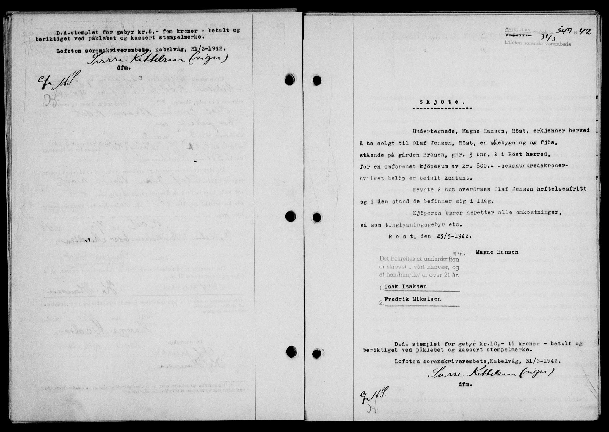 Lofoten sorenskriveri, SAT/A-0017/1/2/2C/L0009a: Mortgage book no. 9a, 1941-1942, Diary no: : 549/1942