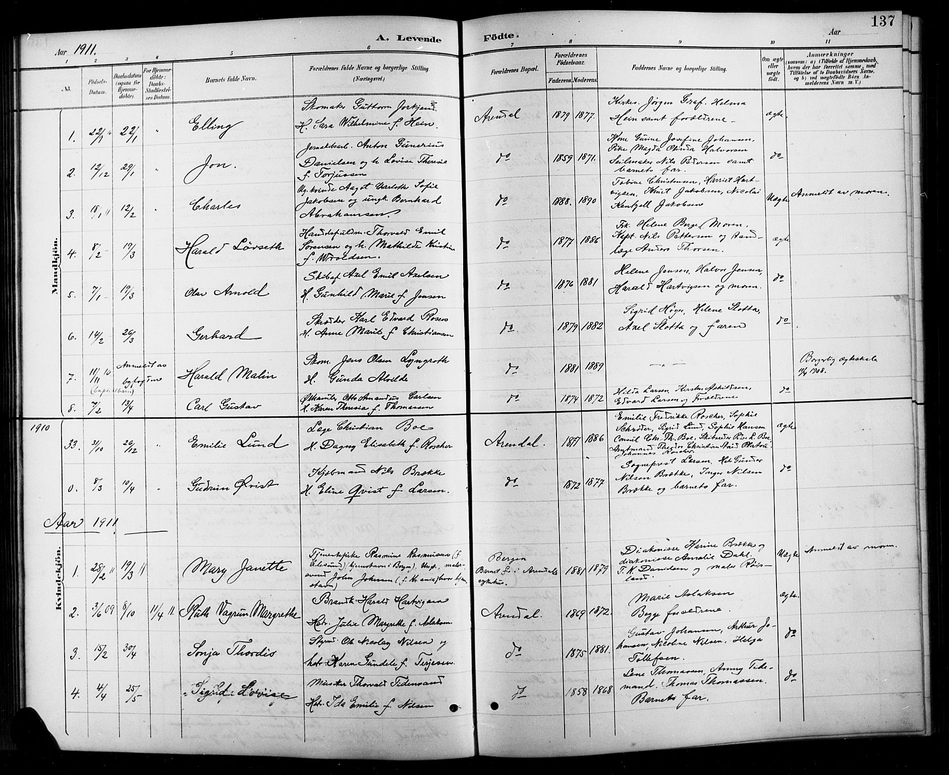 Arendal sokneprestkontor, Trefoldighet, AV/SAK-1111-0040/F/Fb/L0006: Parish register (copy) no. B 6, 1889-1916, p. 137