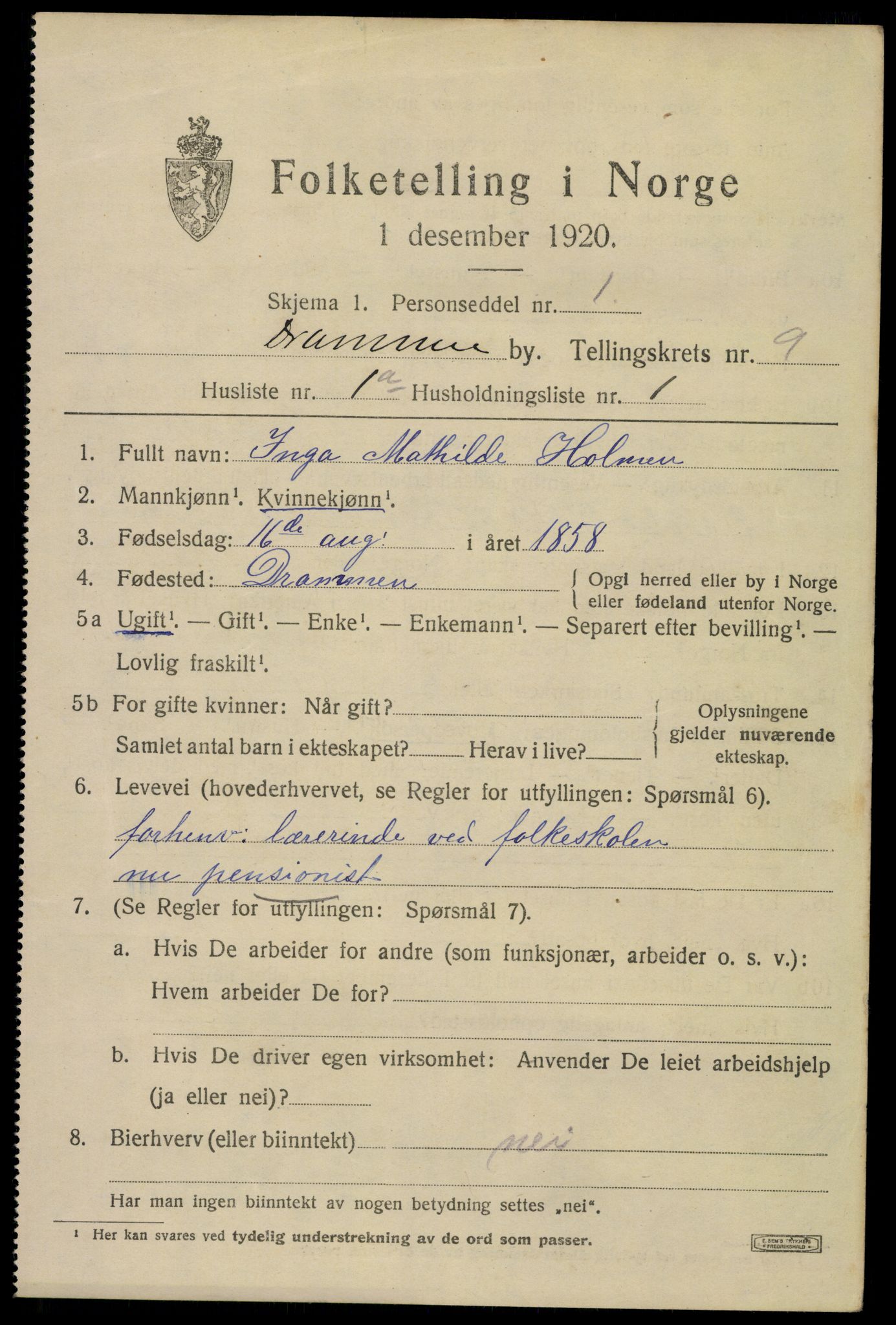 SAKO, 1920 census for Drammen, 1920, p. 58839