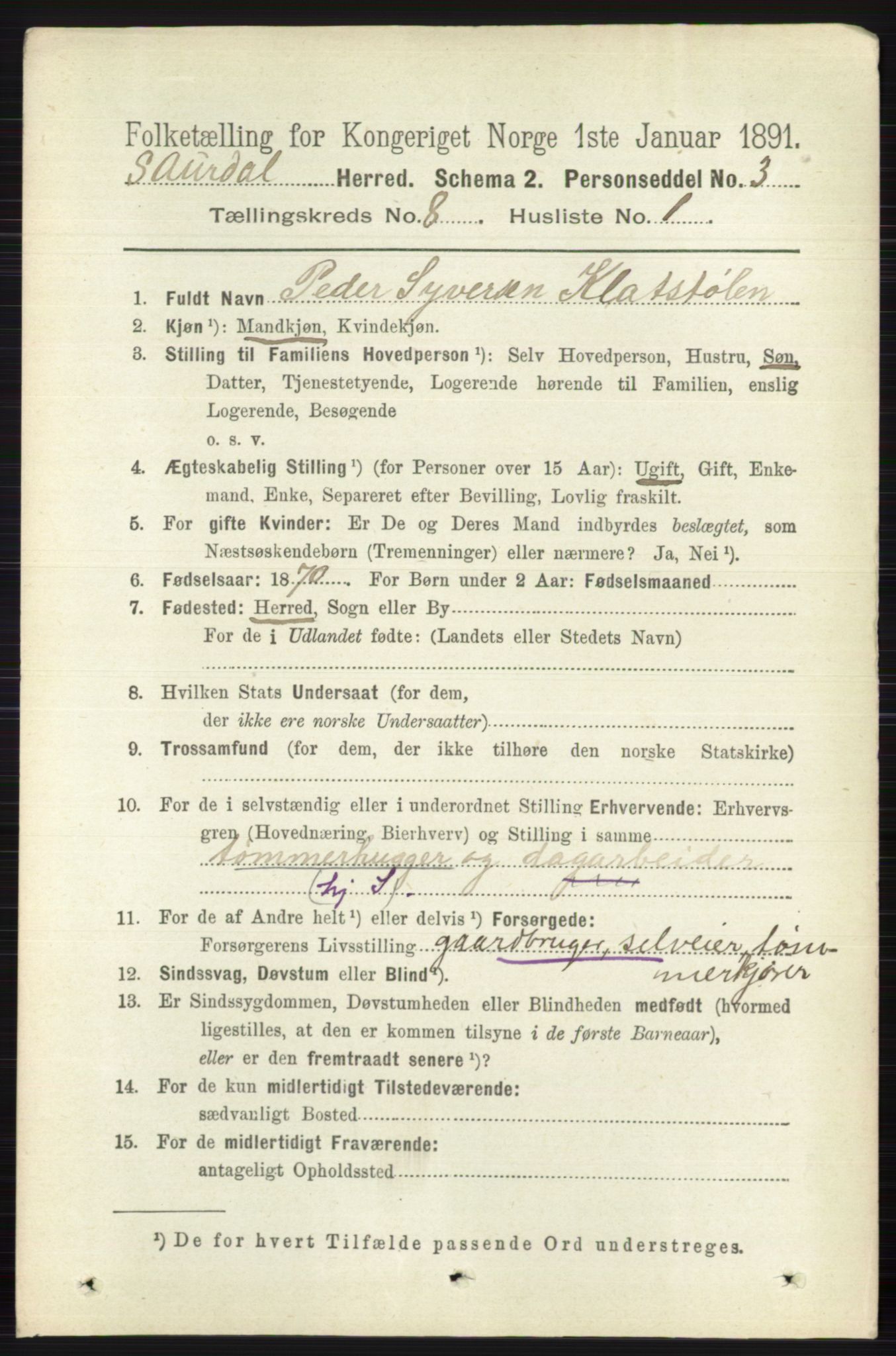 RA, 1891 census for 0540 Sør-Aurdal, 1891, p. 4861