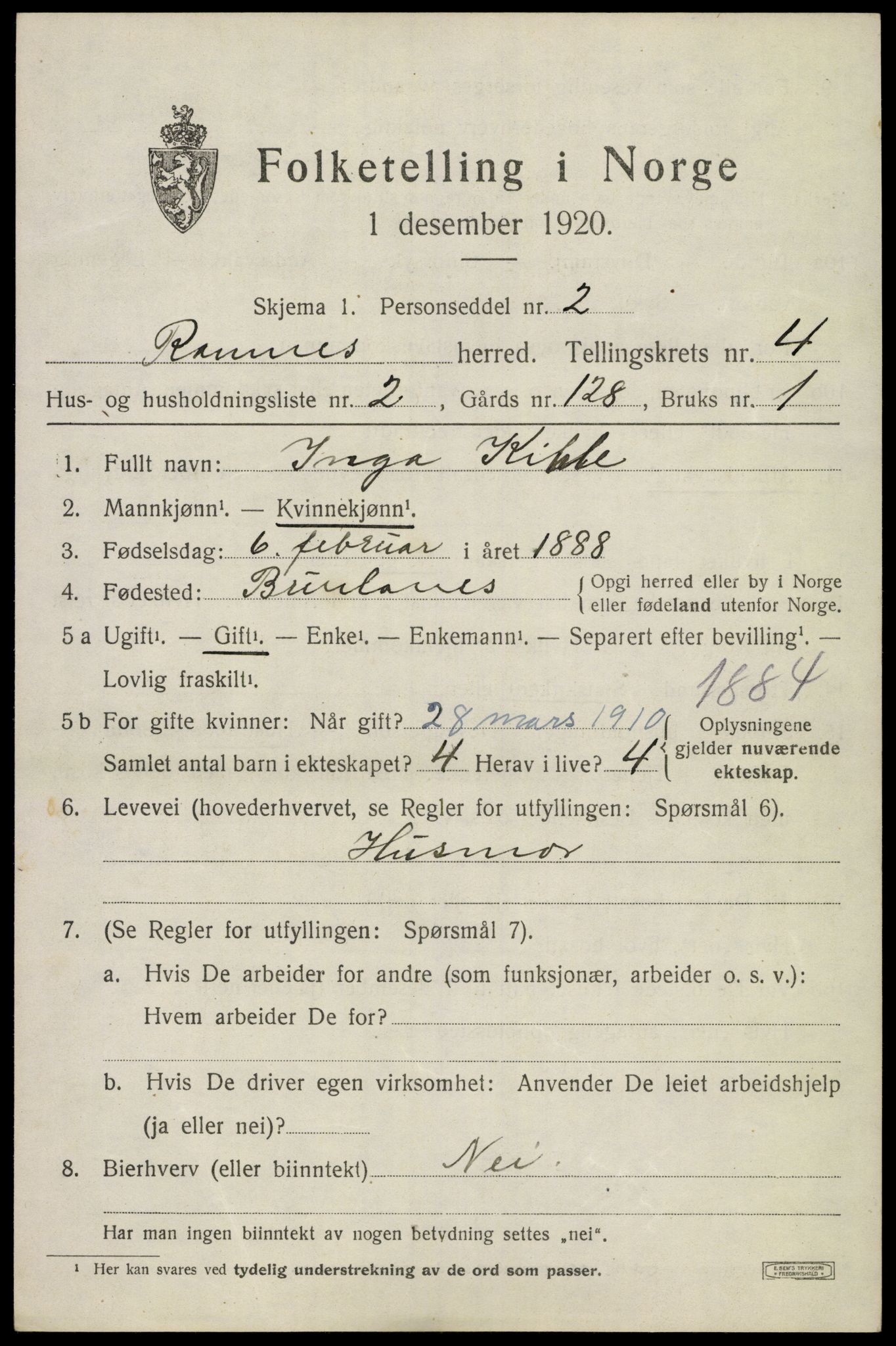 SAKO, 1920 census for Ramnes, 1920, p. 4334
