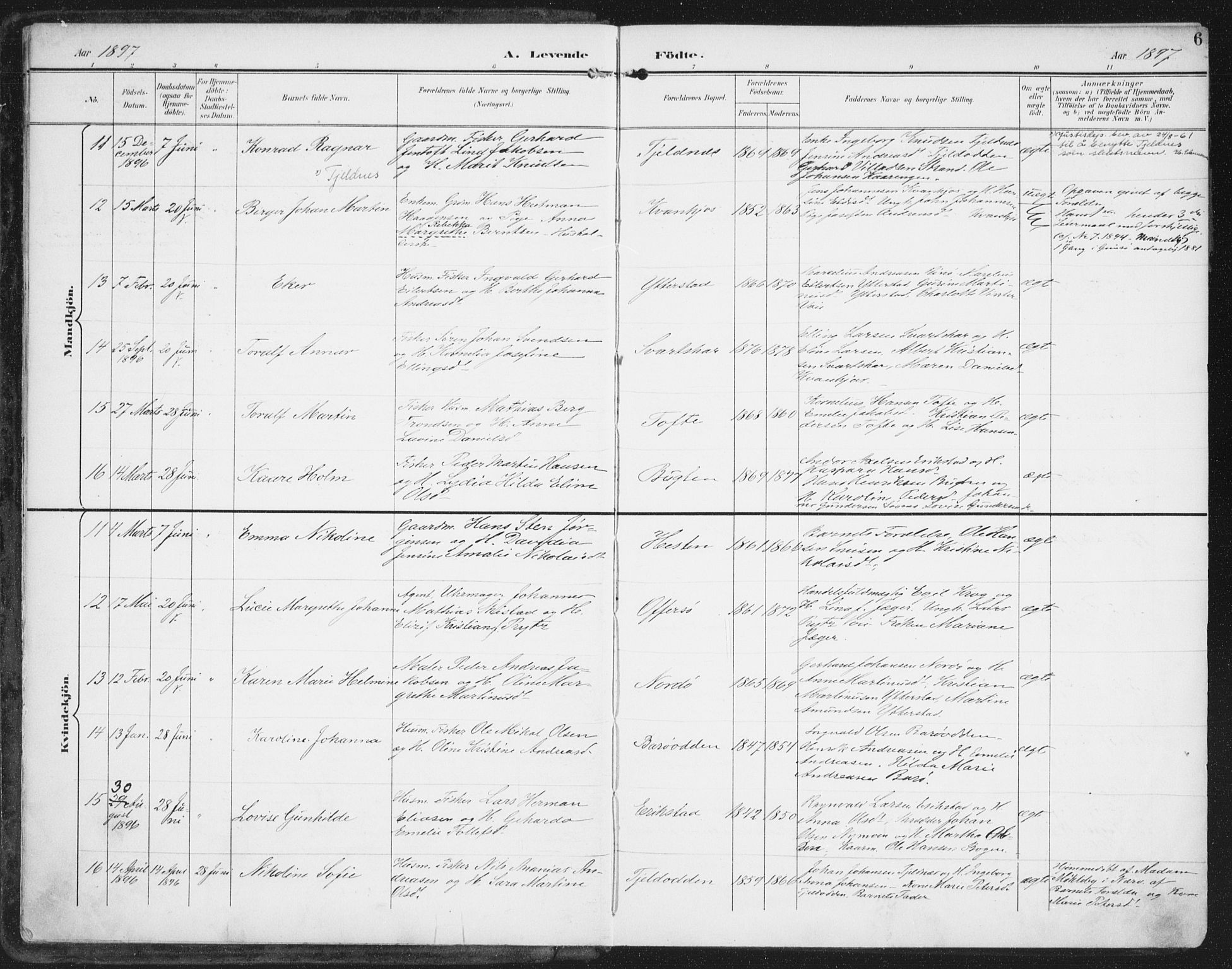 Ministerialprotokoller, klokkerbøker og fødselsregistre - Nordland, SAT/A-1459/872/L1036: Parish register (official) no. 872A11, 1897-1913, p. 6