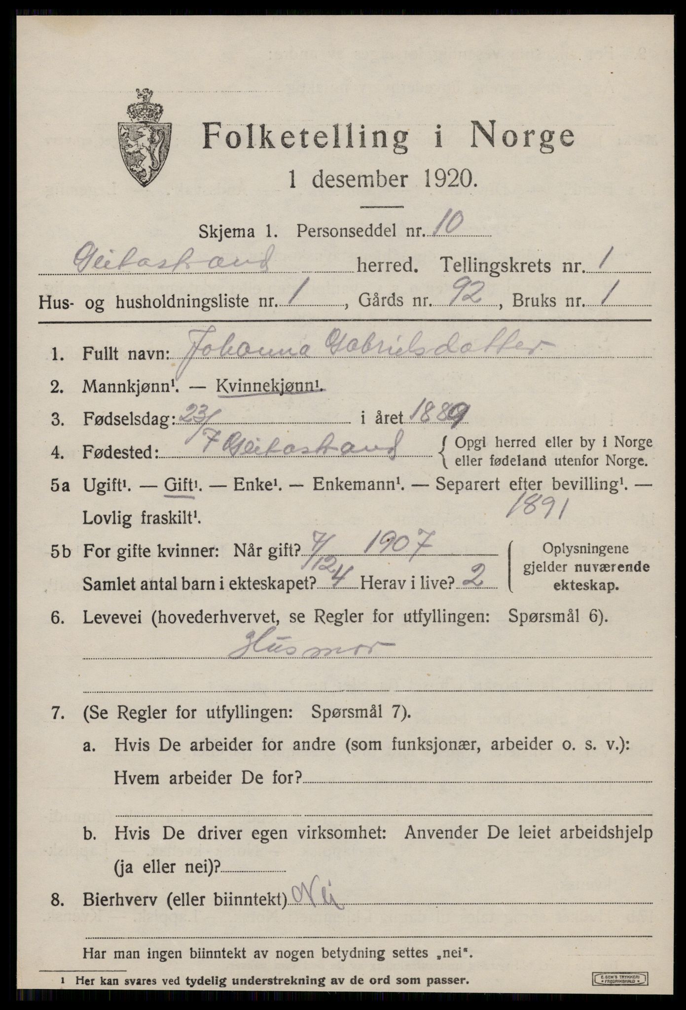 SAT, 1920 census for Geitastrand, 1920, p. 257