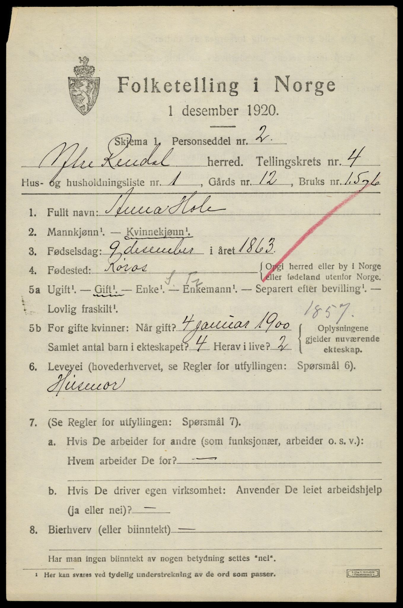 SAH, 1920 census for Ytre Rendal, 1920, p. 2051