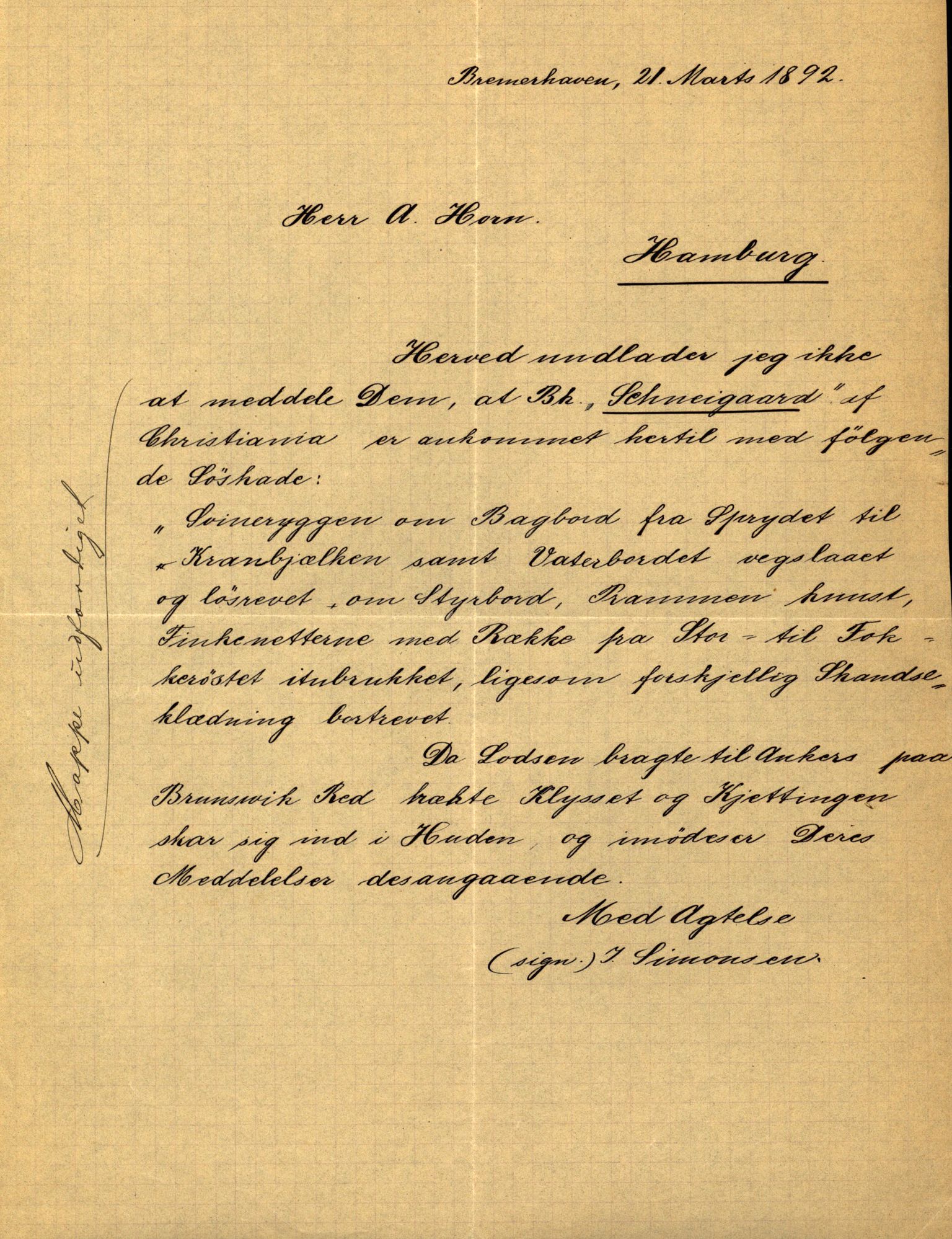 Pa 63 - Østlandske skibsassuranceforening, VEMU/A-1079/G/Ga/L0029/0004: Havaridokumenter / Schweigaard, Tobine, Vaar, Rothesay, Prout, 1892