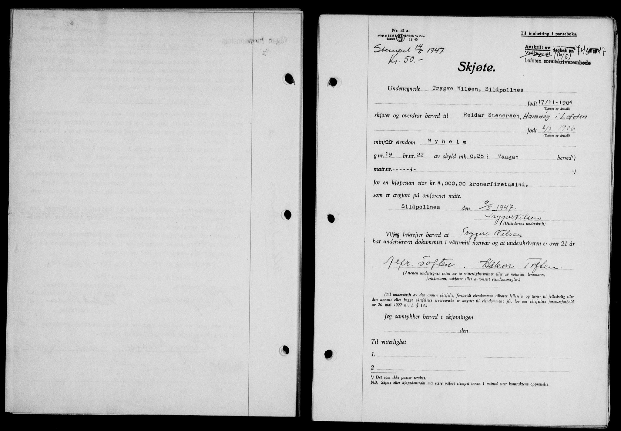 Lofoten sorenskriveri, SAT/A-0017/1/2/2C/L0016a: Mortgage book no. 16a, 1947-1947, Diary no: : 743/1947