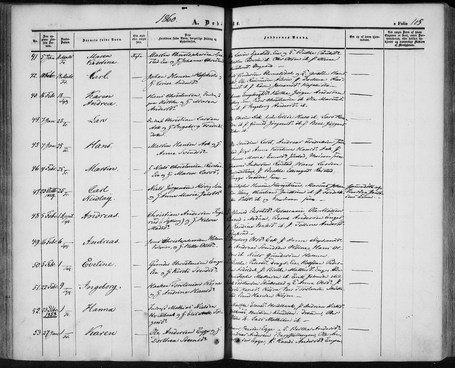 Lier kirkebøker, SAKO/A-230/F/Fa/L0012: Parish register (official) no. I 12, 1854-1864, p. 105