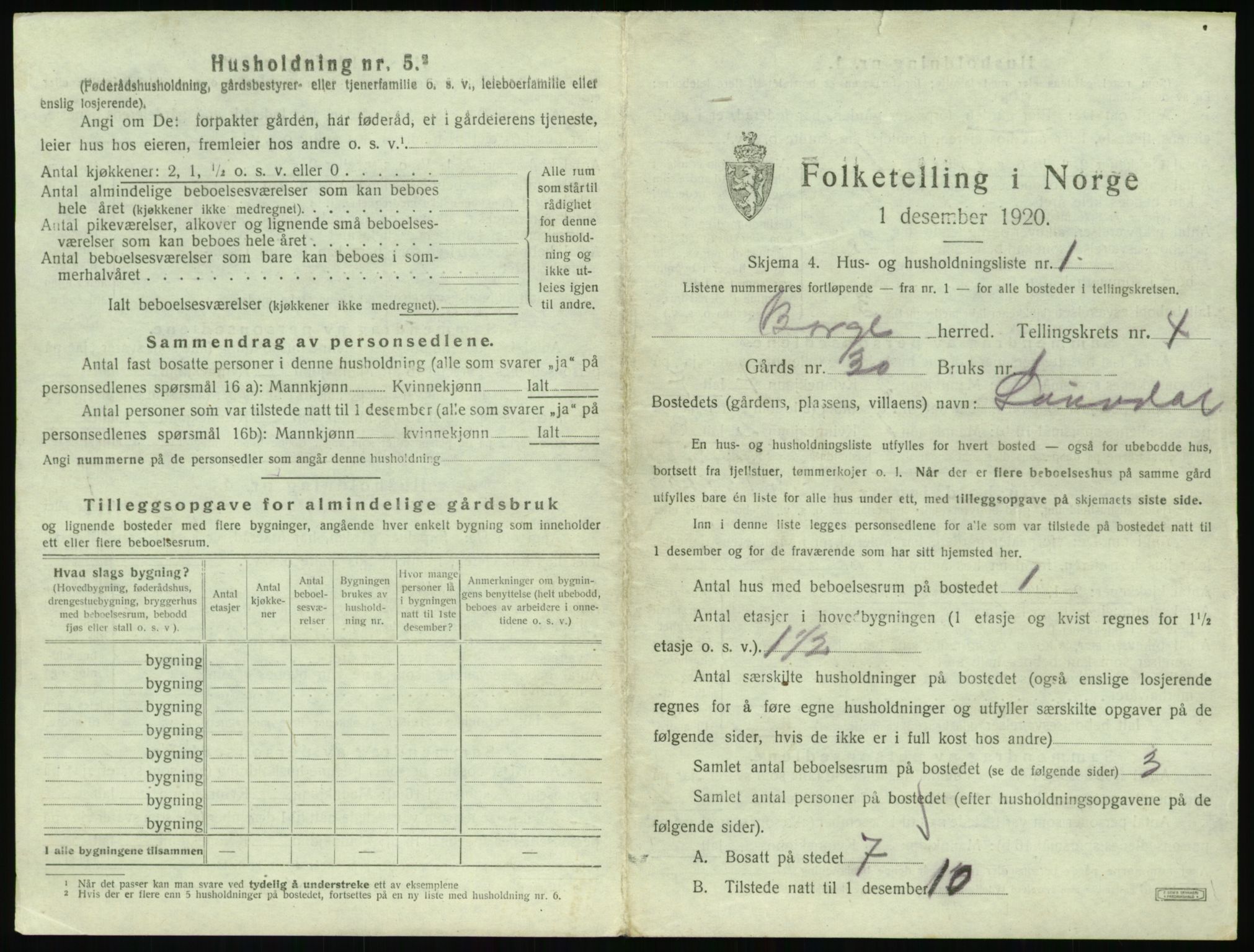 SAT, 1920 census for Borge, 1920, p. 447