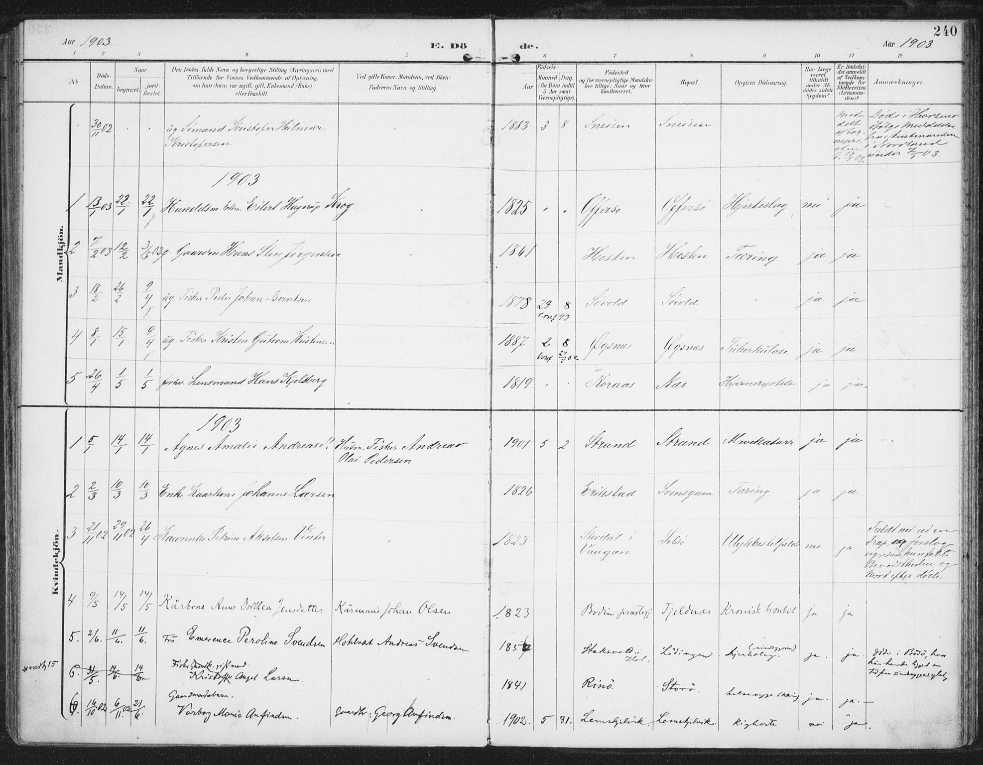 Ministerialprotokoller, klokkerbøker og fødselsregistre - Nordland, AV/SAT-A-1459/872/L1036: Parish register (official) no. 872A11, 1897-1913, p. 240