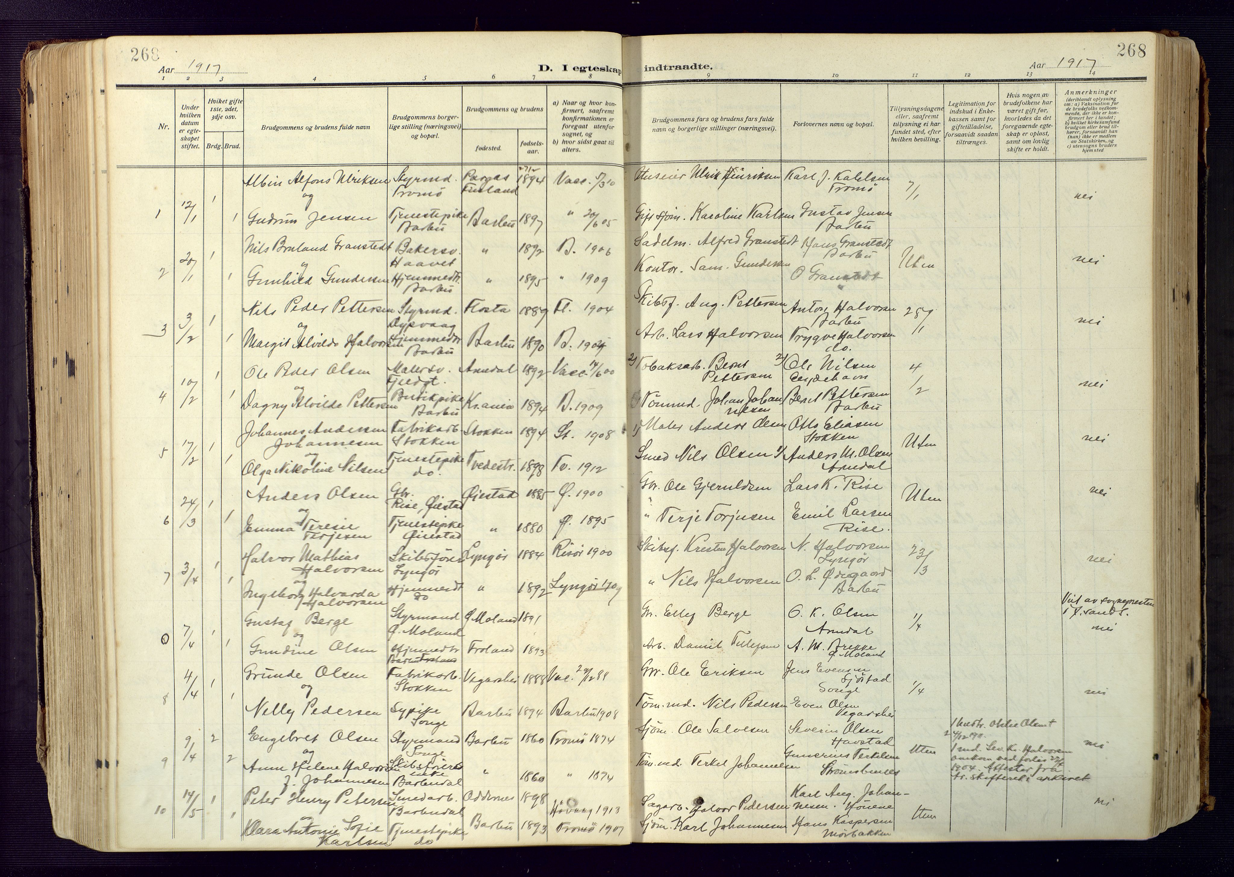 Barbu sokneprestkontor, AV/SAK-1111-0003/F/Fa/L0006: Parish register (official) no. A 6, 1910-1929, p. 268