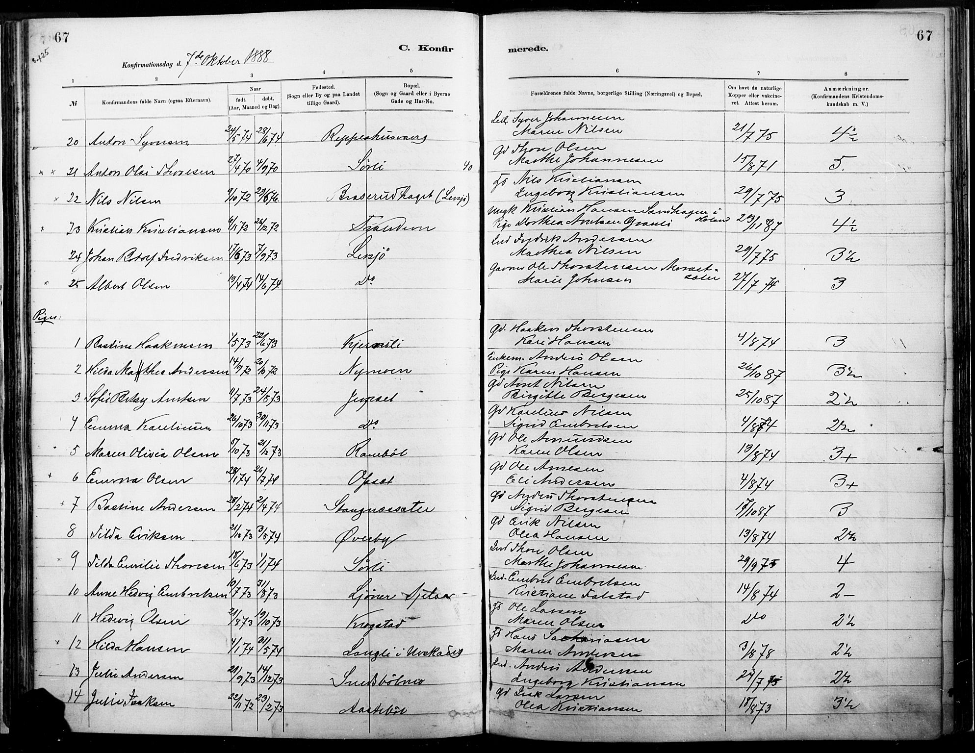 Eidskog prestekontor, SAH/PREST-026/H/Ha/Haa/L0004: Parish register (official) no. 4, 1884-1897, p. 67