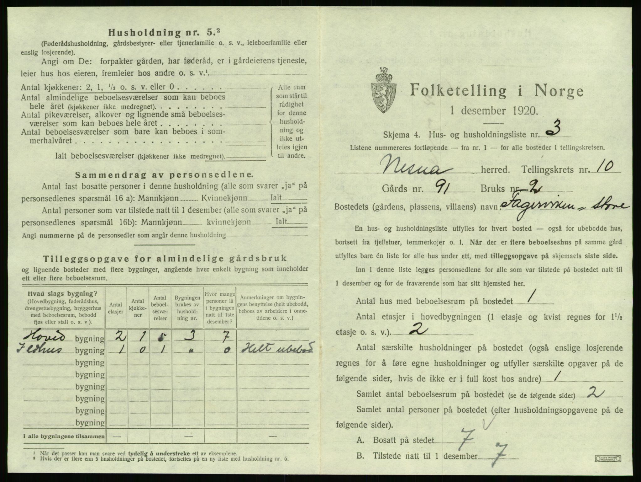 SAT, 1920 census for Nesna, 1920, p. 1193