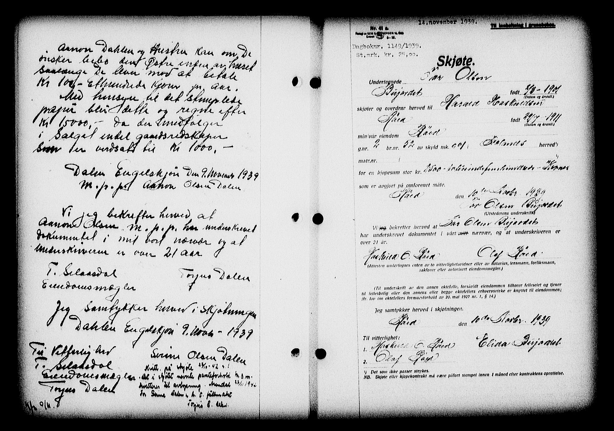 Nedenes sorenskriveri, SAK/1221-0006/G/Gb/Gba/L0047: Mortgage book no. A-I, 1939-1940, Diary no: : 1149/1939
