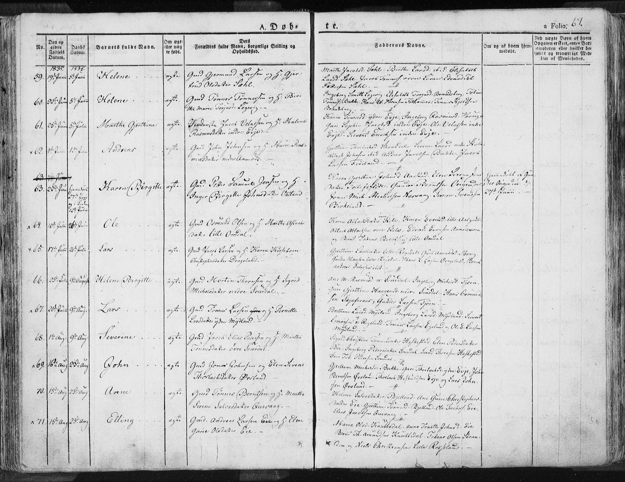 Sokndal sokneprestkontor, SAST/A-101808: Parish register (official) no. A 7.1, 1826-1842, p. 67