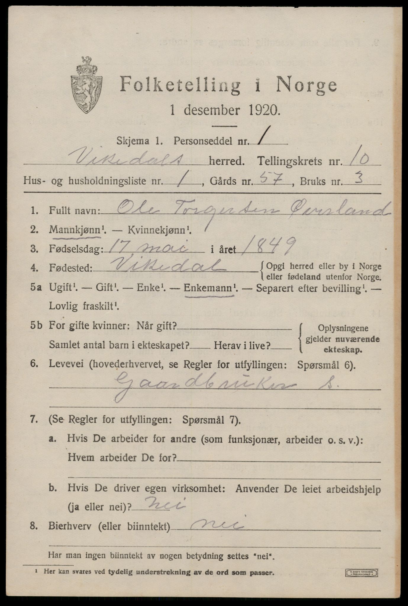 SAST, 1920 census for Vikedal, 1920, p. 3387