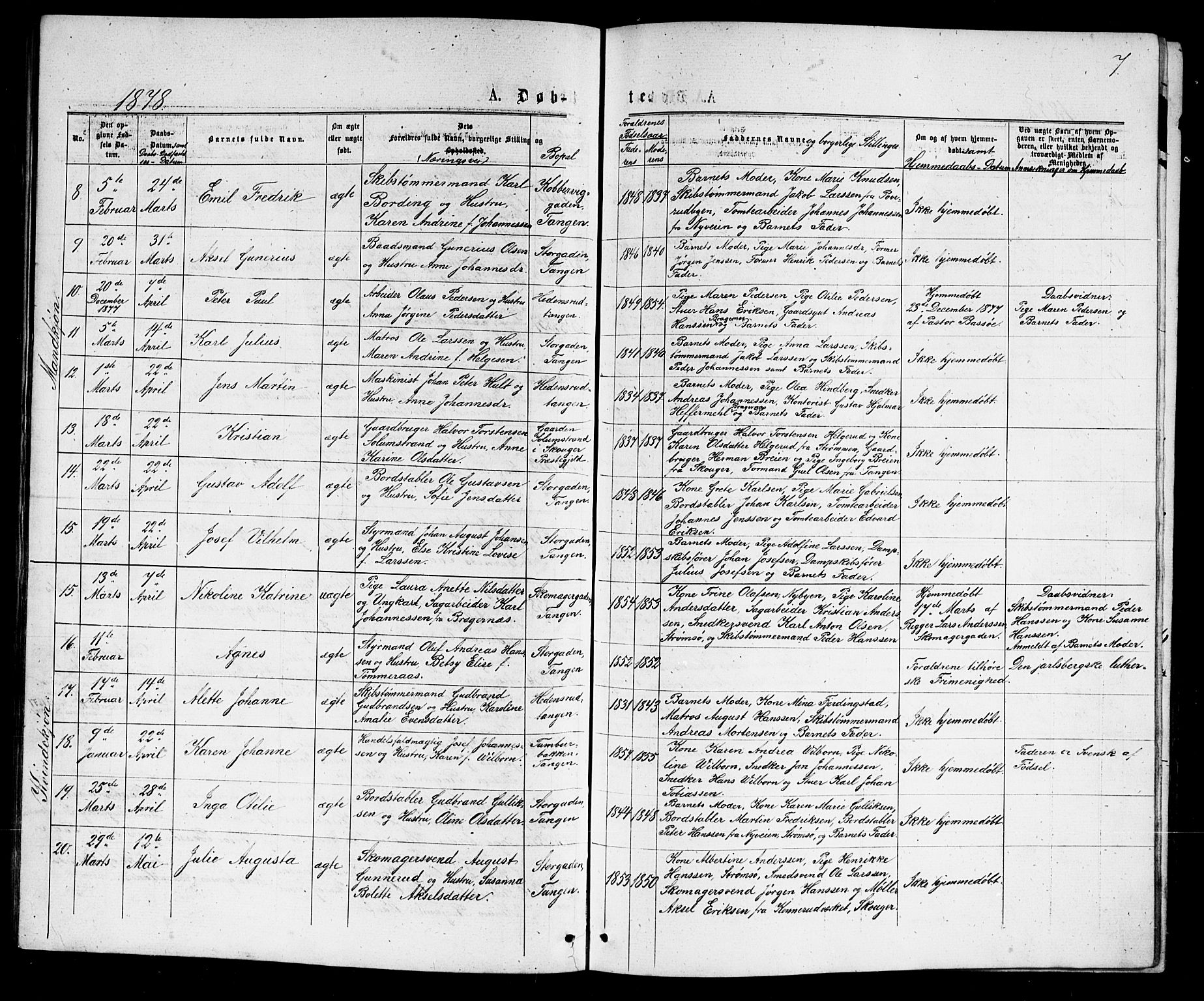 Strømsø kirkebøker, AV/SAKO-A-246/G/Ga/L0002: Parish register (copy) no. 2, 1877-1896, p. 7