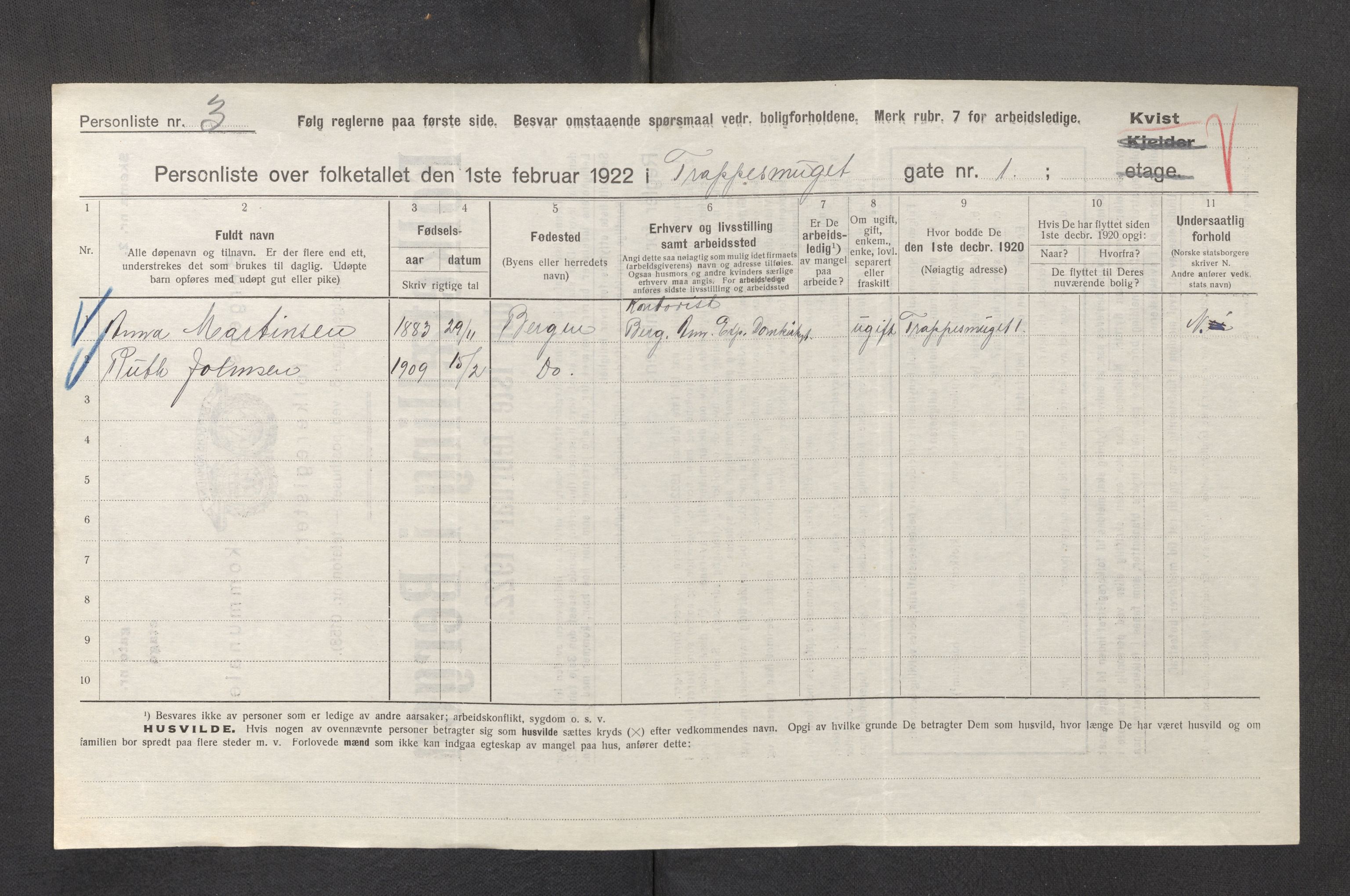 SAB, Municipal Census 1922 for Bergen, 1922, p. 44962