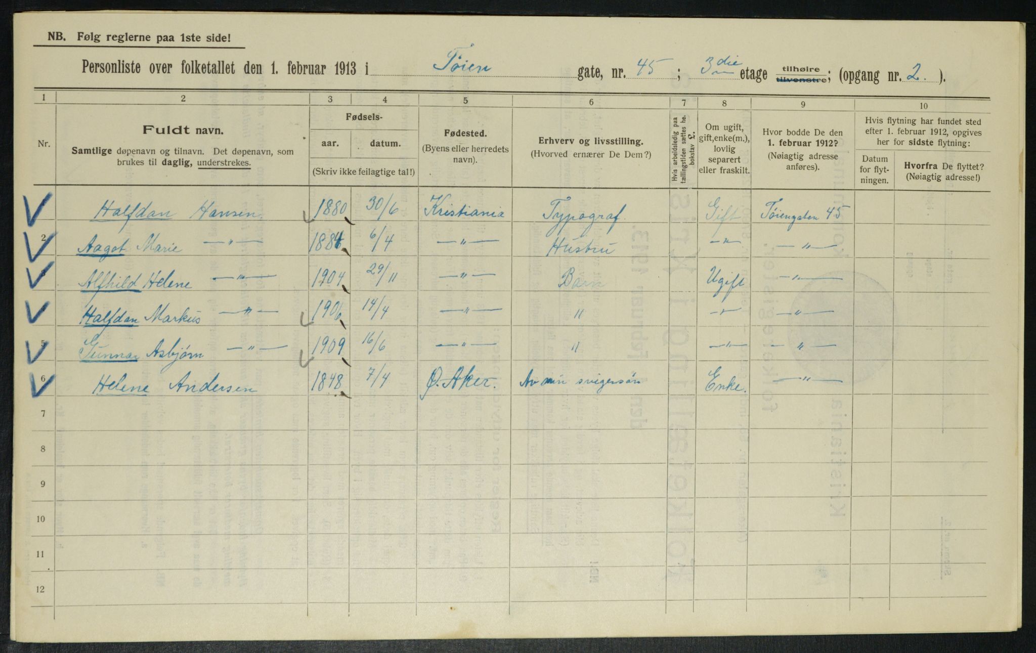 OBA, Municipal Census 1913 for Kristiania, 1913, p. 118632