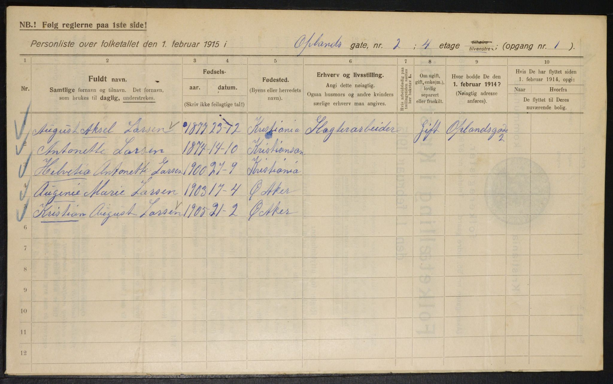 OBA, Municipal Census 1915 for Kristiania, 1915, p. 75255