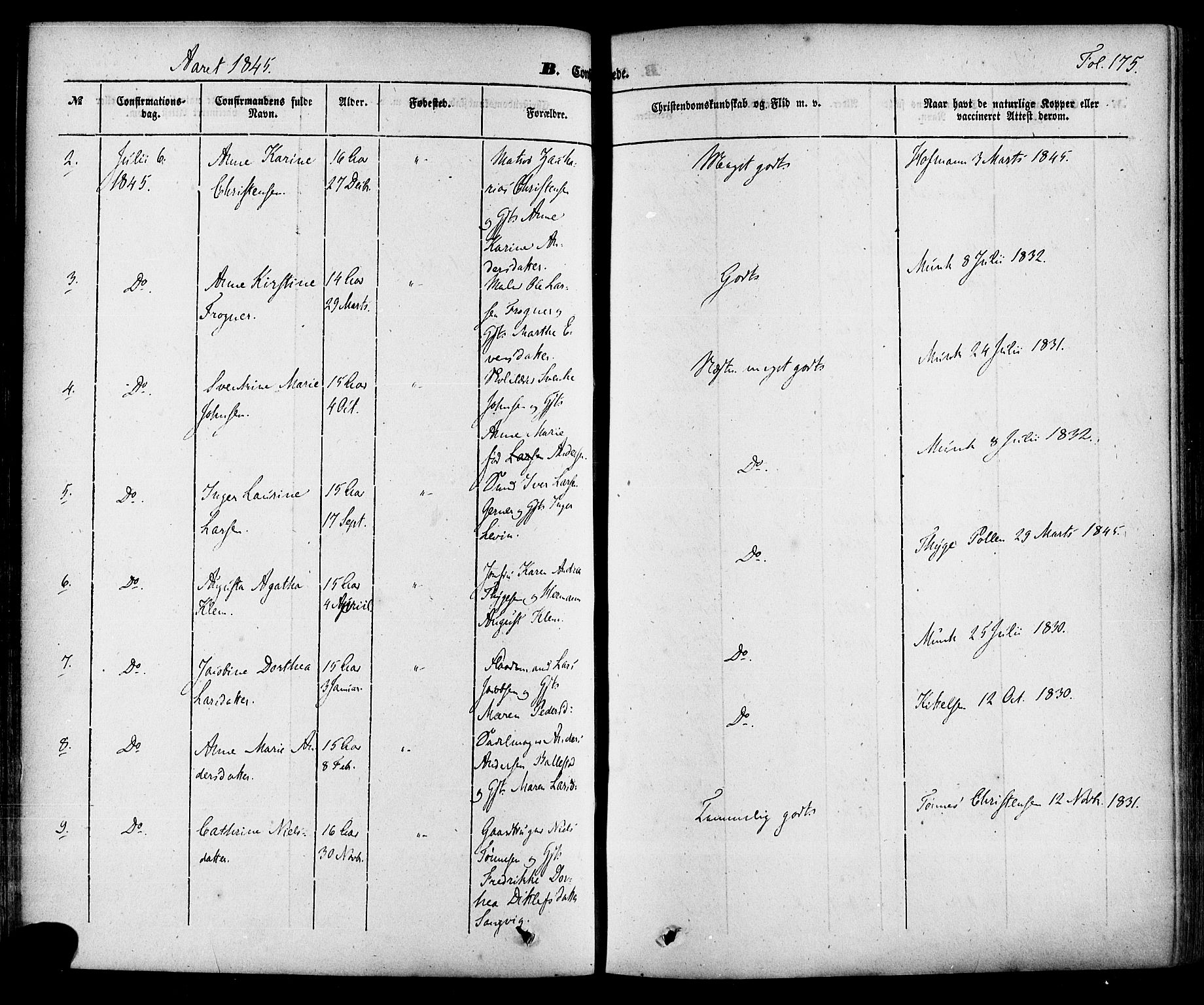 Skien kirkebøker, AV/SAKO-A-302/F/Fa/L0006a: Parish register (official) no. 6A, 1843-1856, p. 175