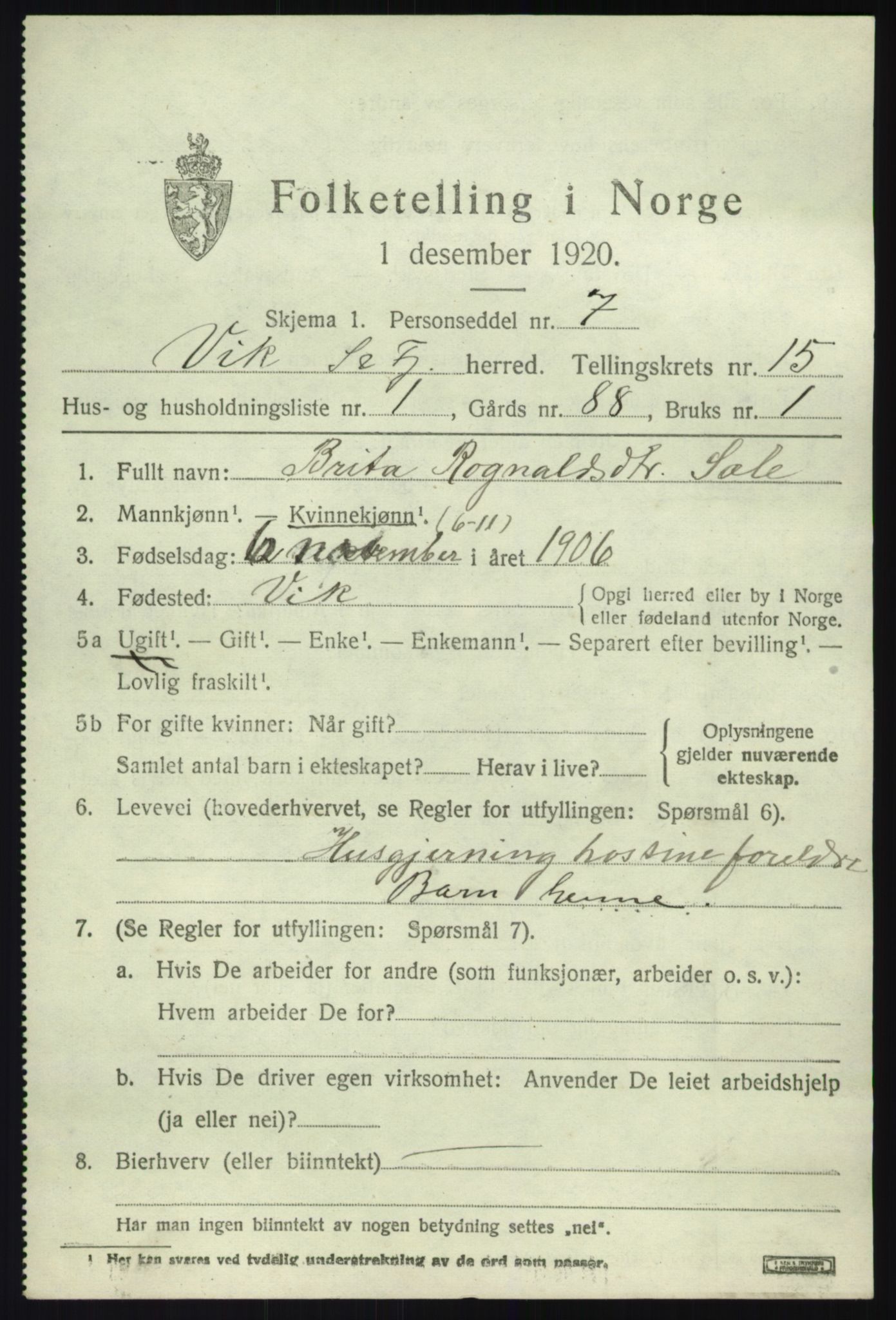 SAB, 1920 census for Vik, 1920, p. 7733