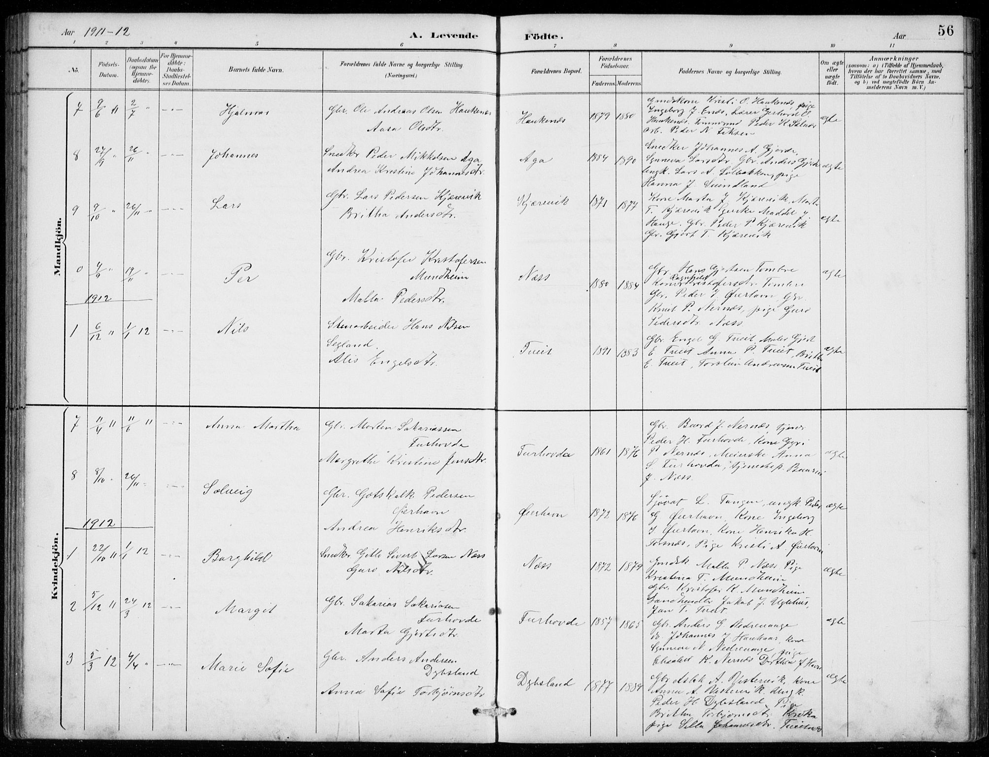 Strandebarm sokneprestembete, AV/SAB-A-78401/H/Hab: Parish register (copy) no. C  1, 1891-1913, p. 56