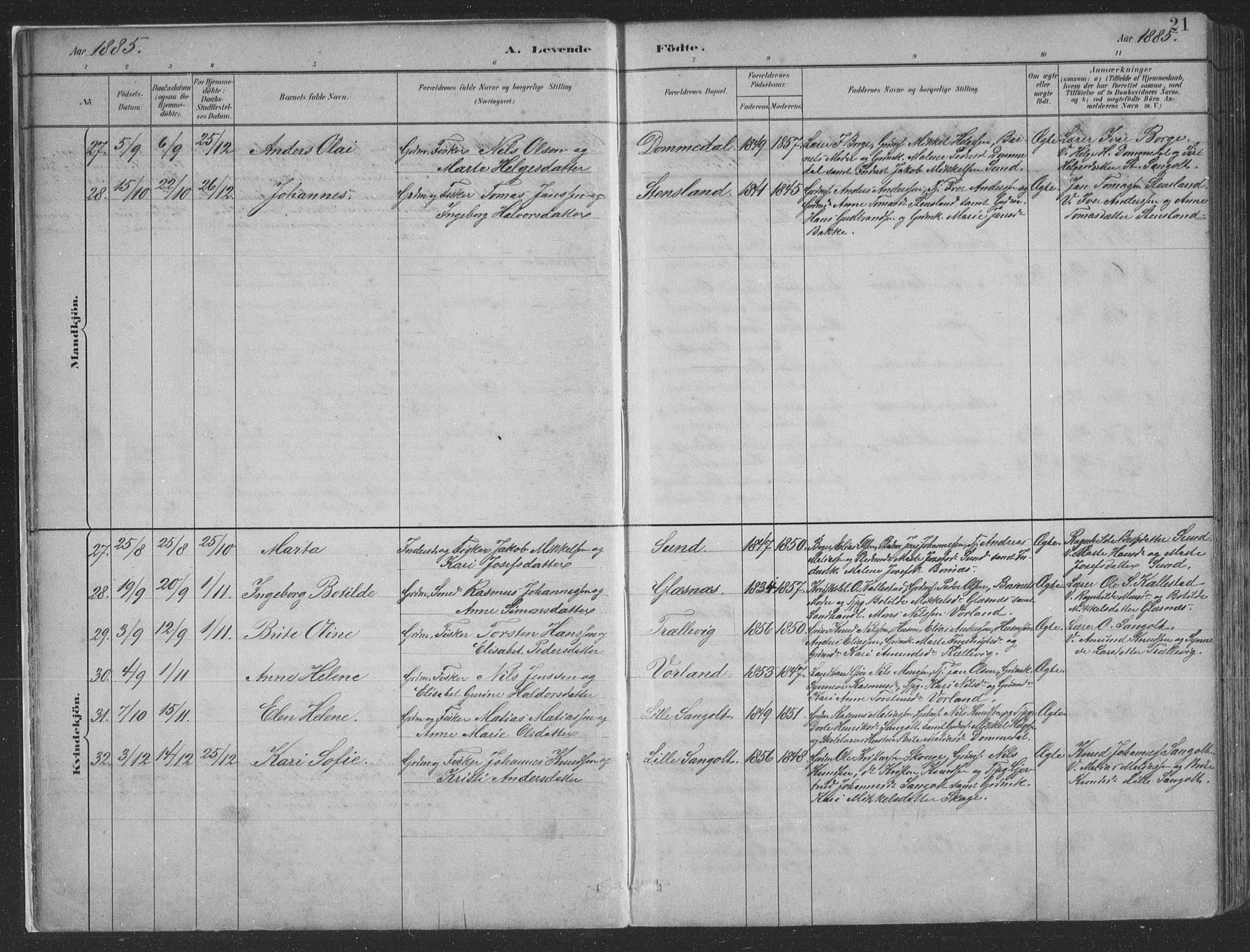 Sund sokneprestembete, AV/SAB-A-99930: Parish register (copy) no. B 3, 1882-1911, p. 21