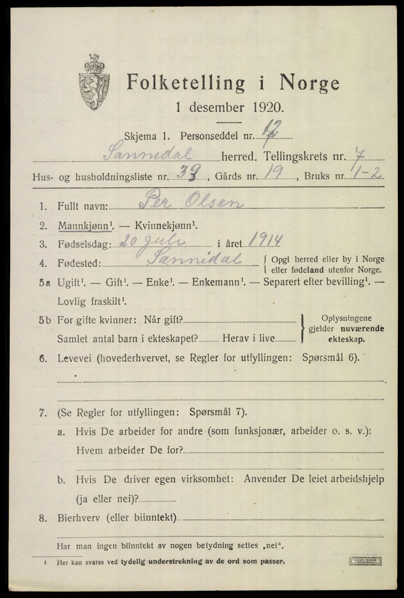 SAKO, 1920 census for Sannidal, 1920, p. 5379