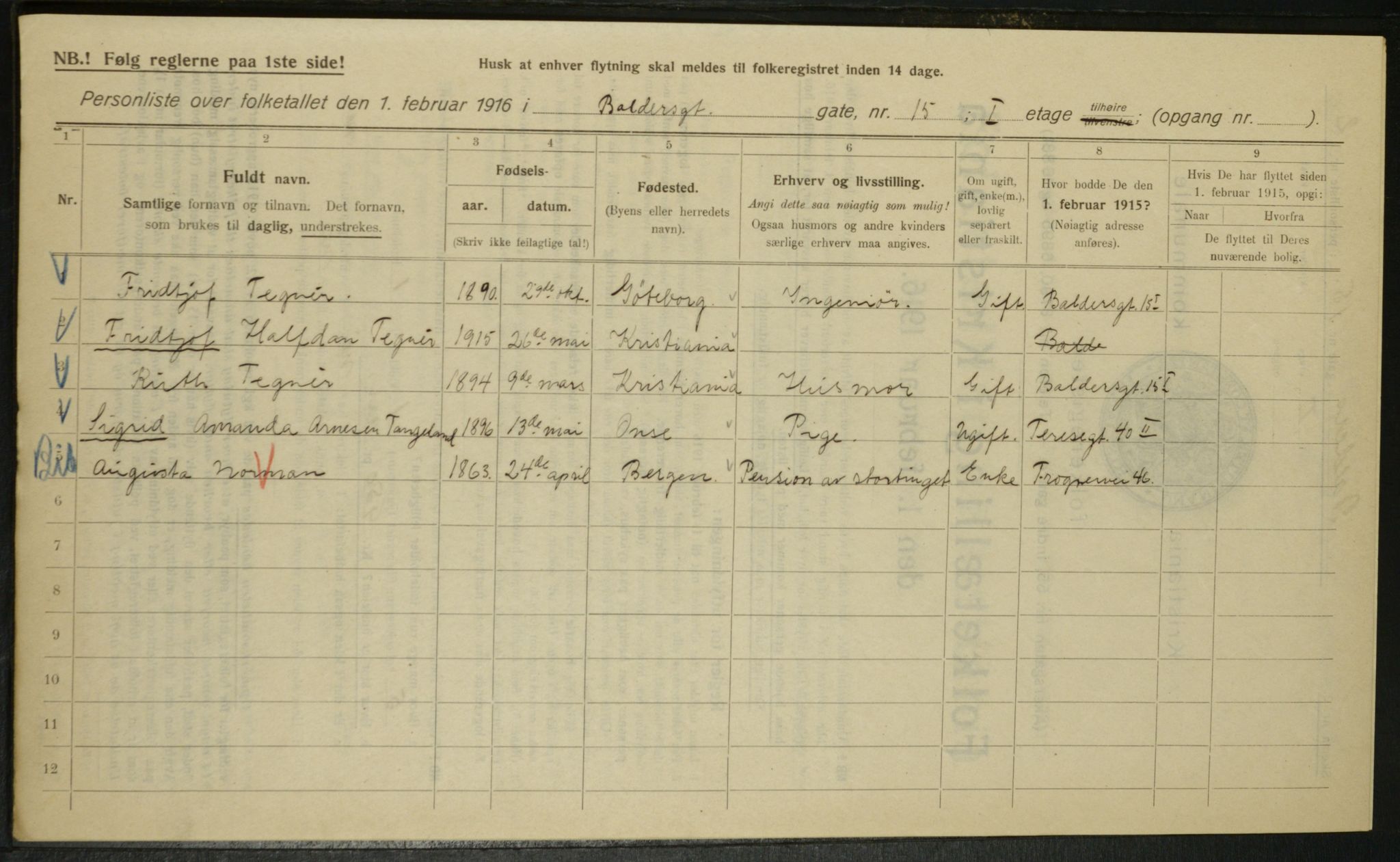 OBA, Municipal Census 1916 for Kristiania, 1916, p. 3402