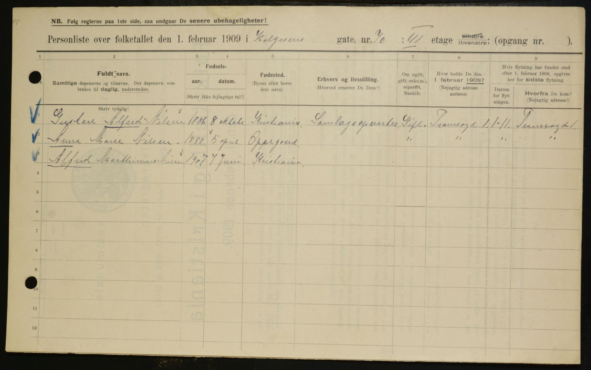 OBA, Municipal Census 1909 for Kristiania, 1909, p. 34910